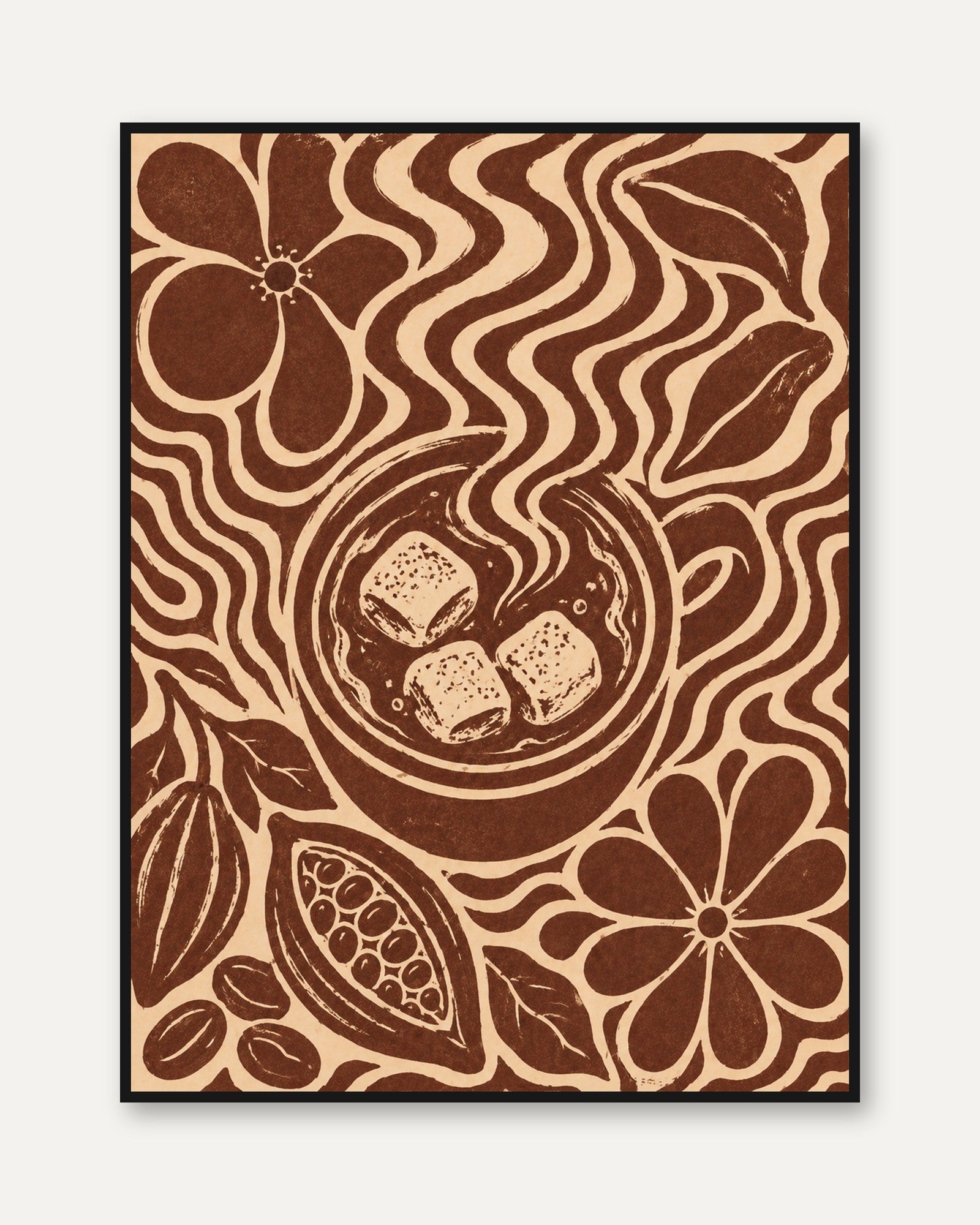 Chocolate Botanical Art Print: Art Nouveau Brown and Cream Design - framed