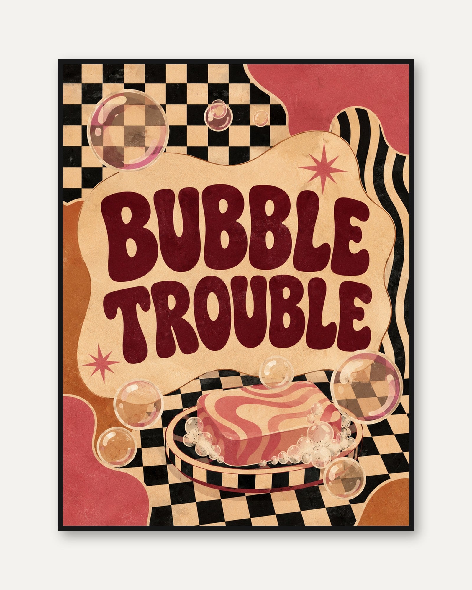 Bubble Trouble Retro Poster: Mid-Century Checkered Wall Art - framed