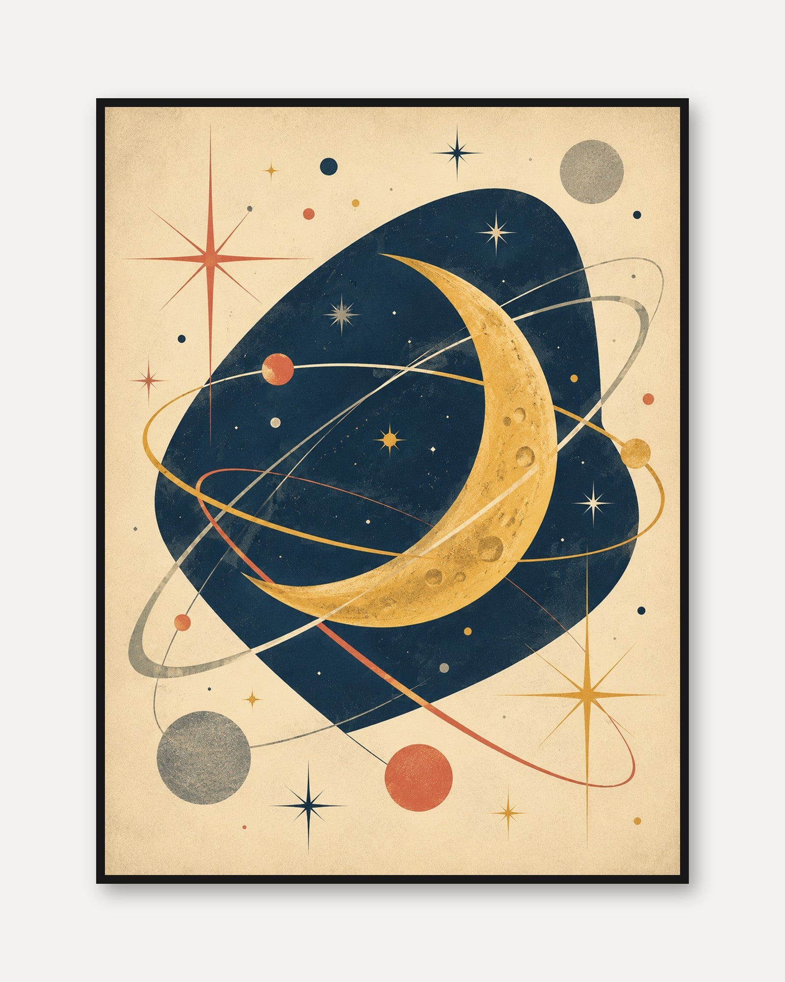 Mid-Century Moon and Planets Art Print: Retro Space Orbits - framed