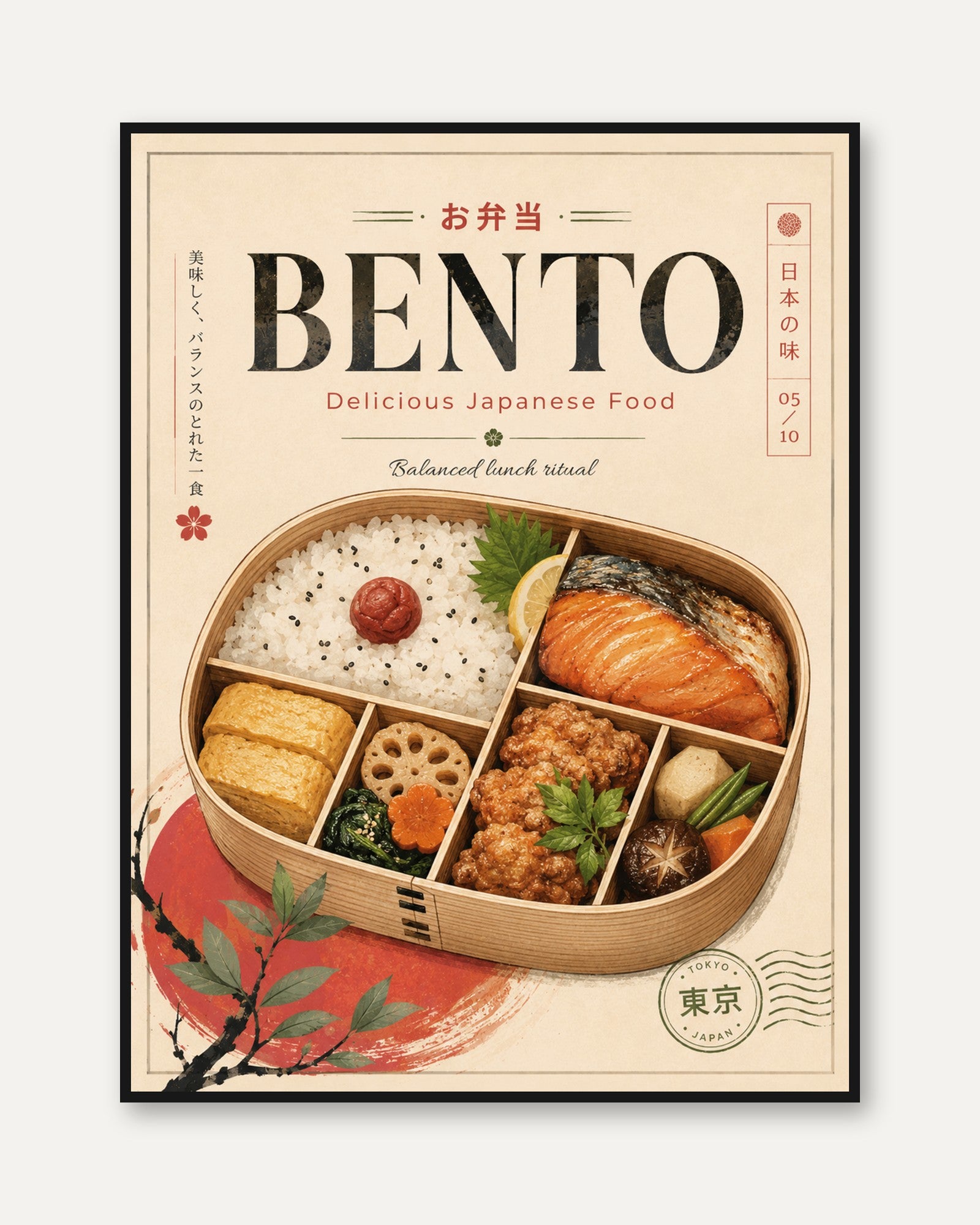 Vintage Japanese Bento Box Print: Retro Food Illustration - framed