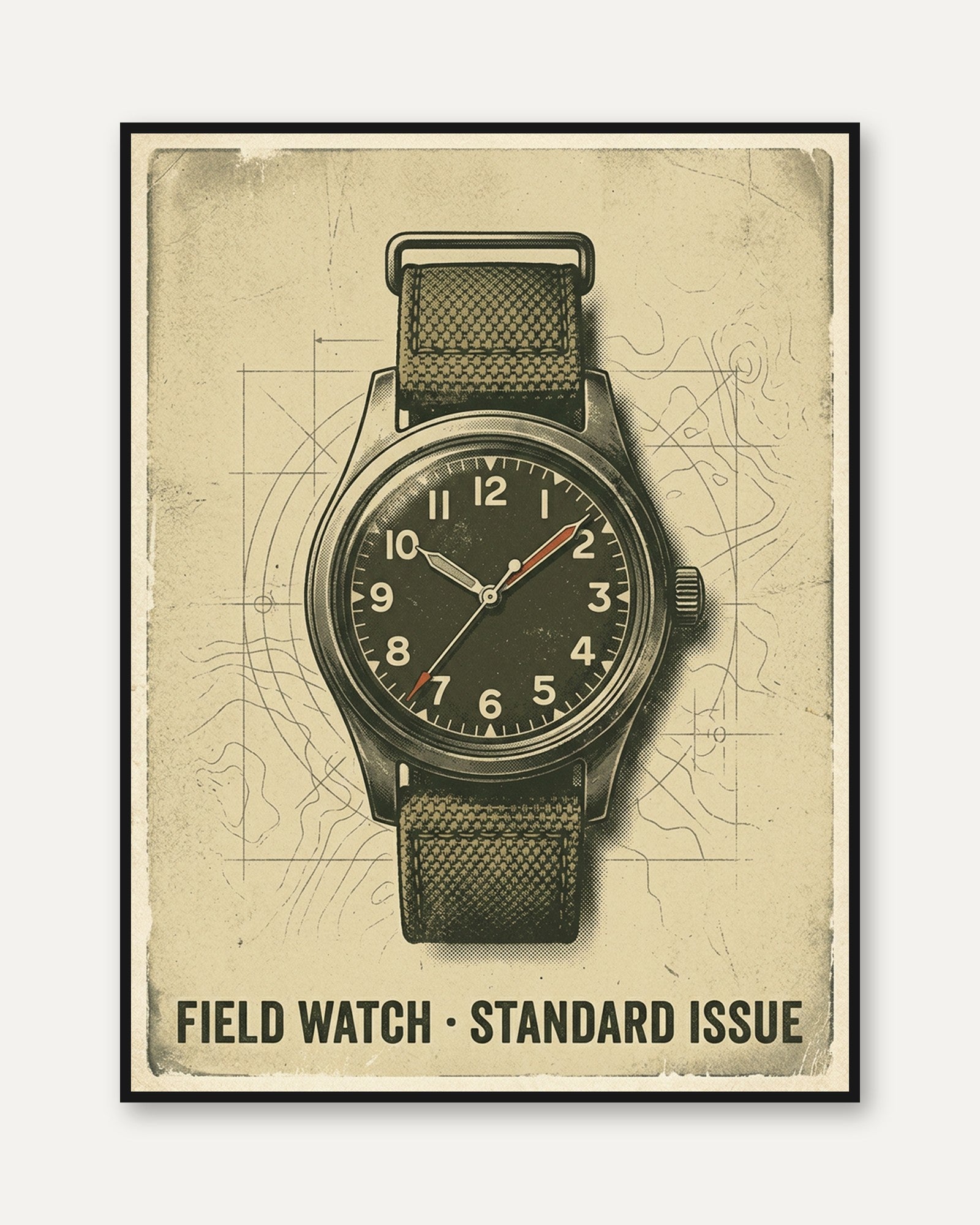 Vintage Military Field Watch Poster: Retro Technical Illustration - framed