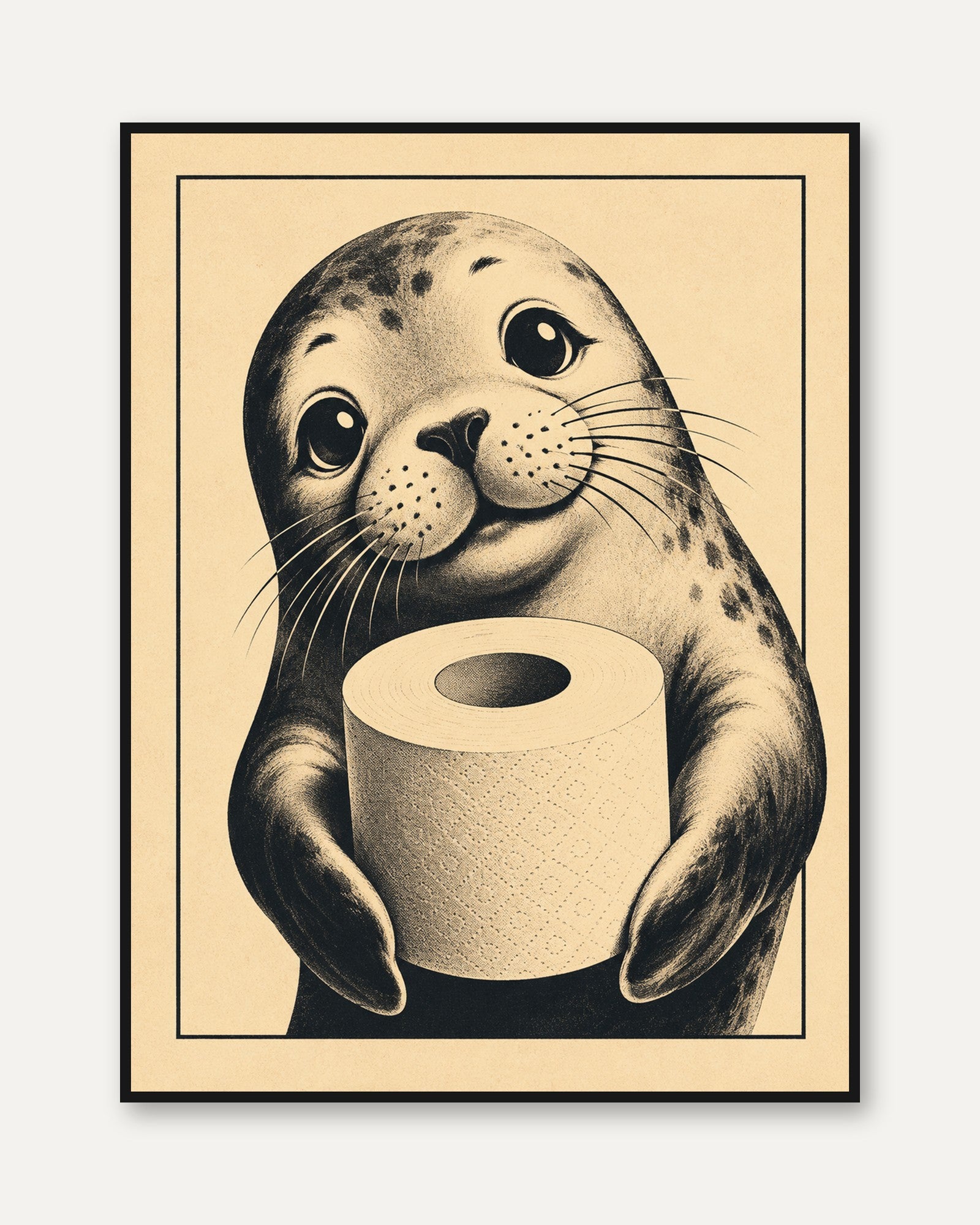 Seal Holding Toilet Paper Print: Vintage Illustration - framed