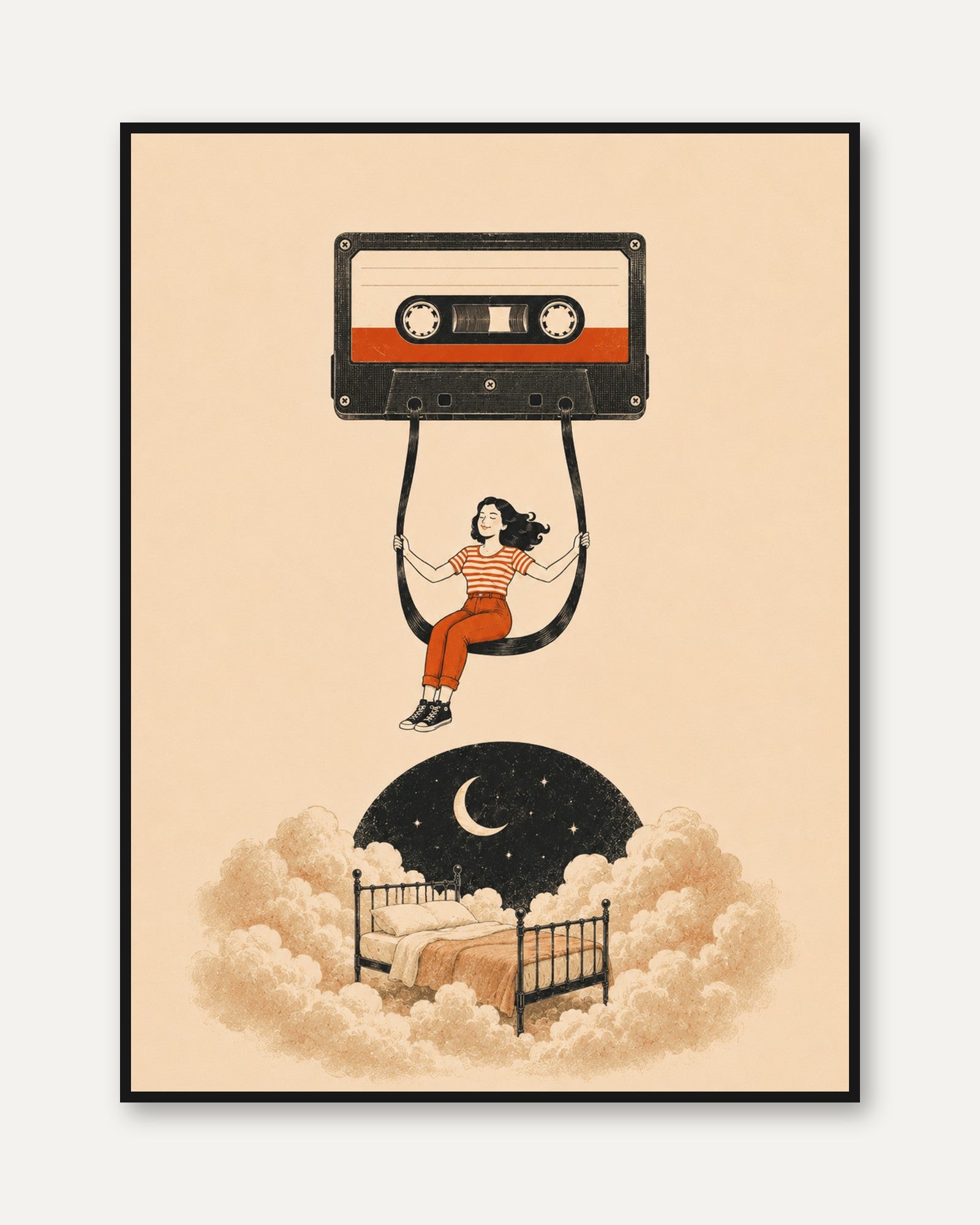 Retro Cassette Tape Dream Art Print: Surrealist Bedroom Clouds - framed