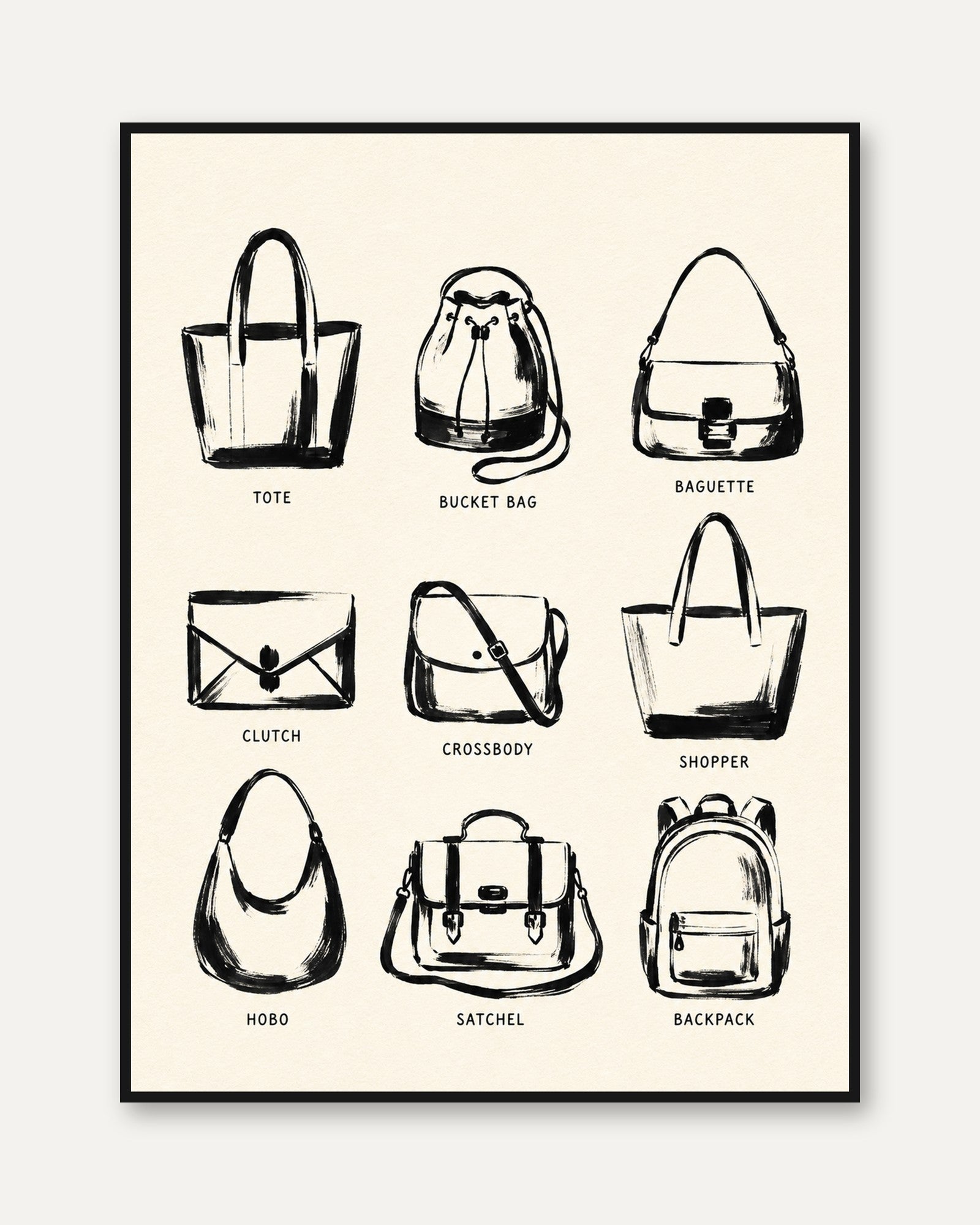 Handbag Types Guide Print: Black Ink Fashion Illustration - framed
