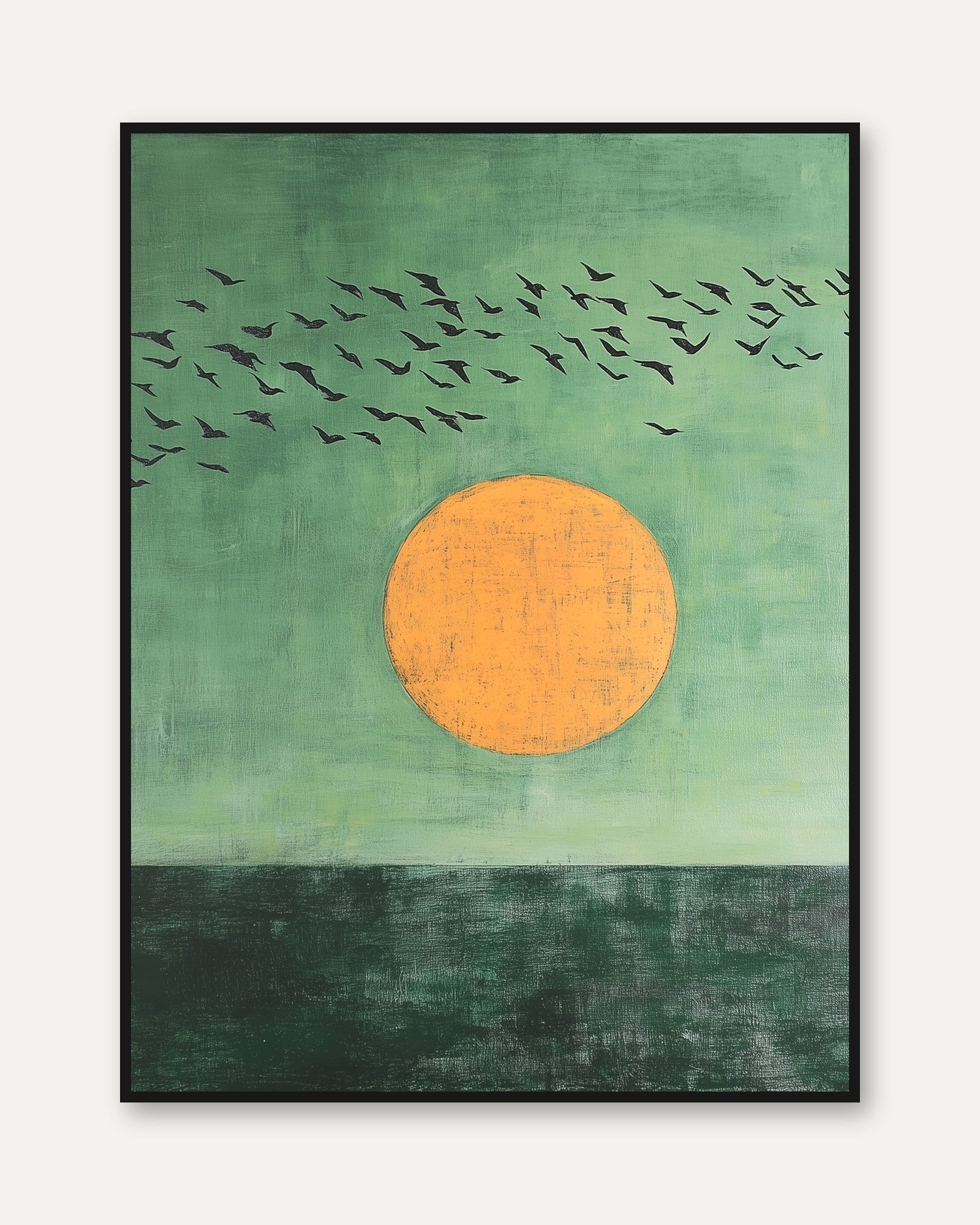 Birds in Flight Wall Art: Minimalist Nature Print (Green and Orange) - framed
