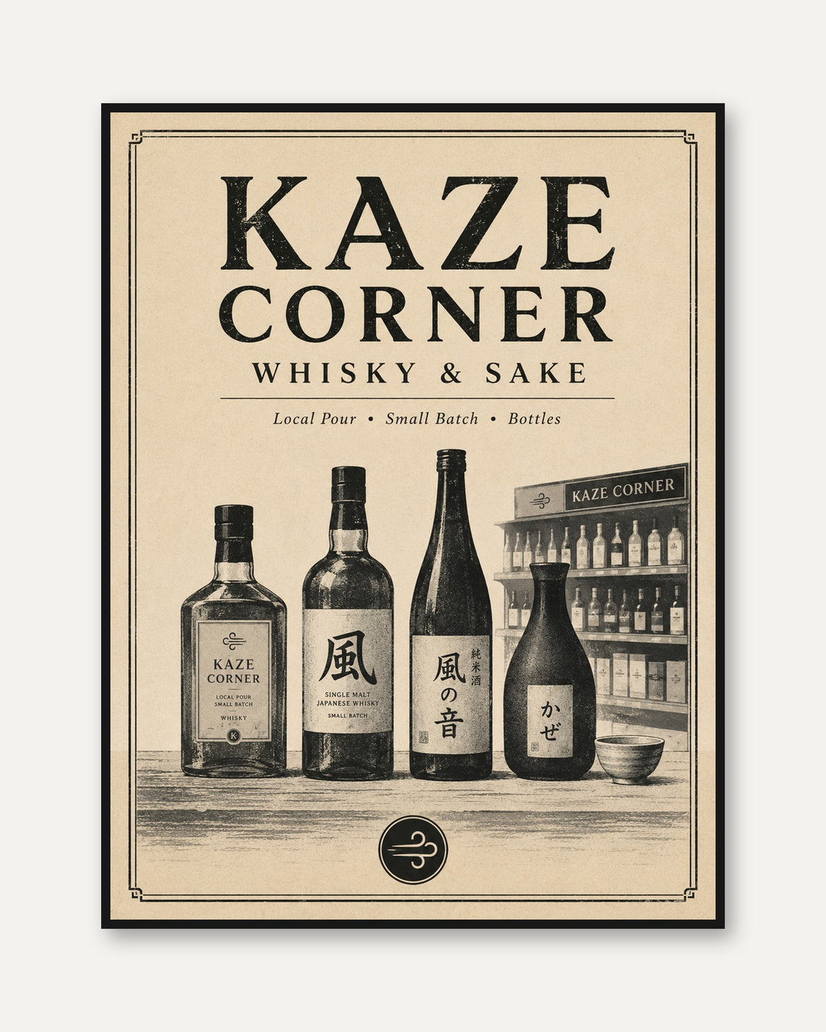Kaze Corner Whisky Sake Bar Poster: Vintage Japanese Advertisement - framed