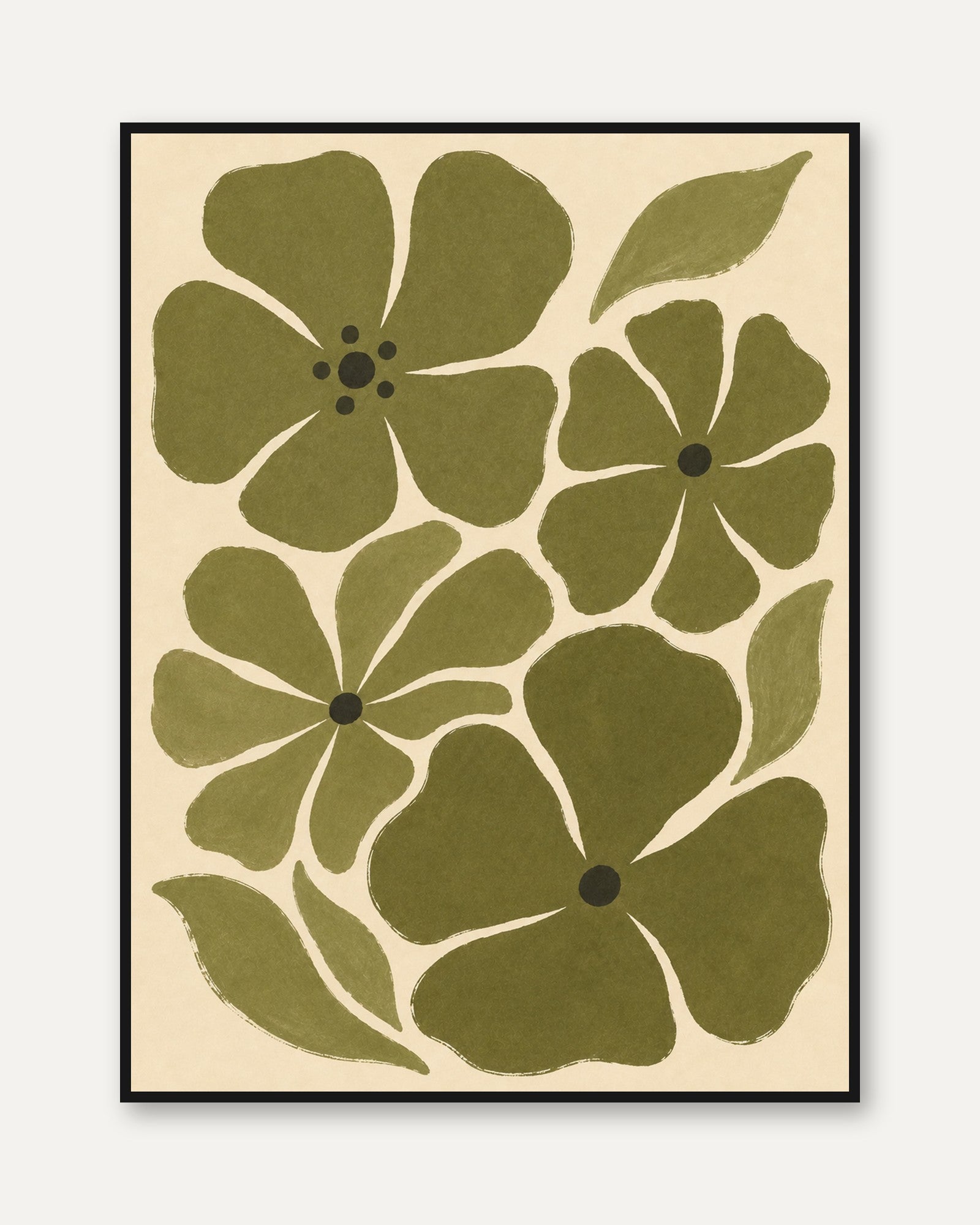 Olive Green Floral Poster: Mid-Century Modern Botanical Art - framed