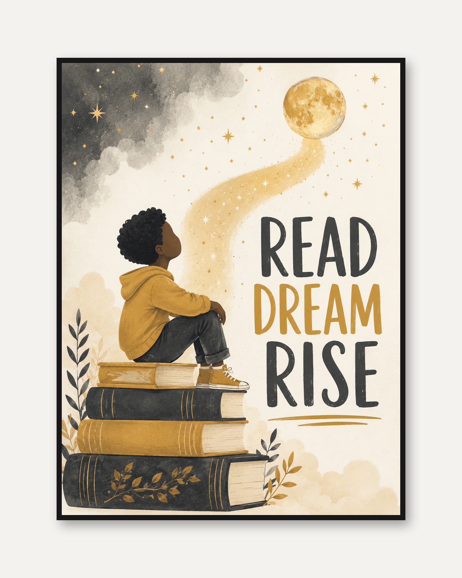 Read Dream Rise Wall Art: Inspirational Book and Moon Print - framed