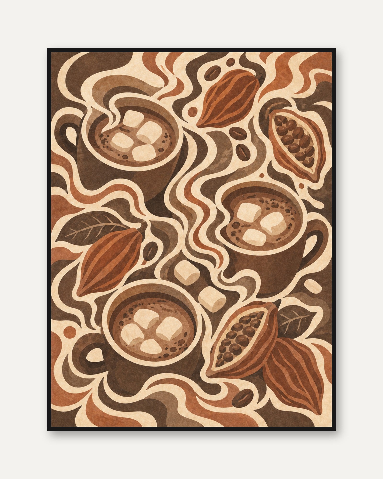 Hot Chocolate and Cocoa Pods Art Print: Retro Brown Illustration - framed