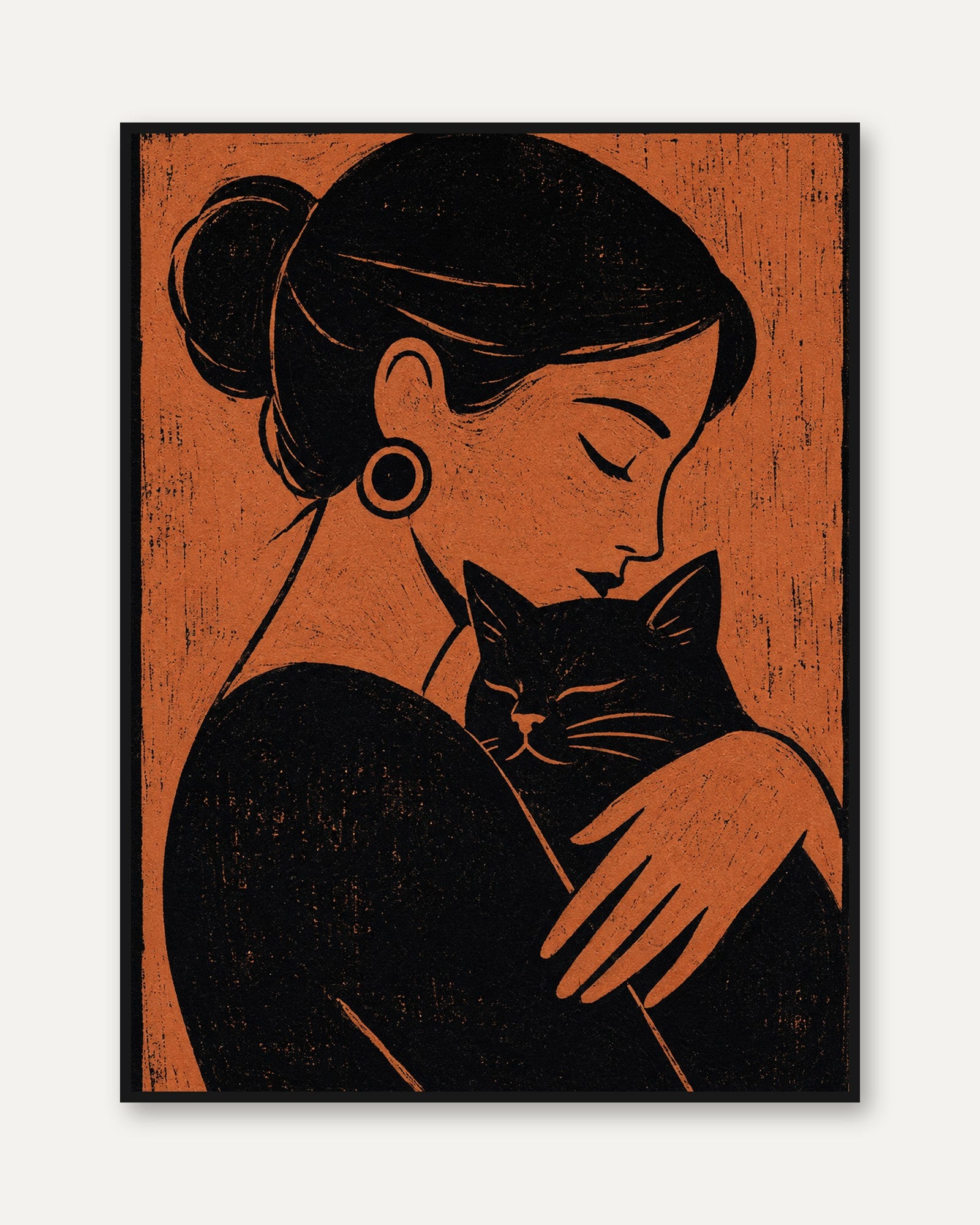 Woman with Cat Print – Retro Block Print - framed