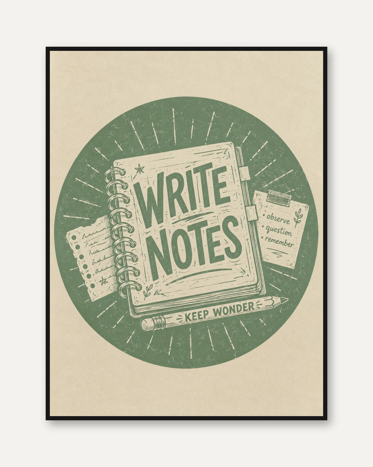 Write Notes Vintage Print: Retro Stationery Art - framed