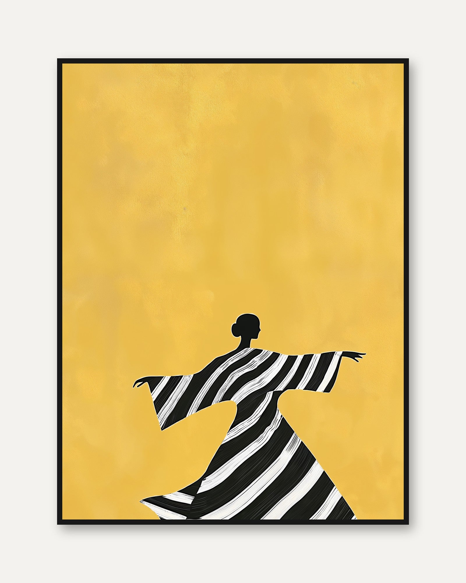 Dancing Figure in Striped Dress: Minimalist Yellow Wall Art - framed