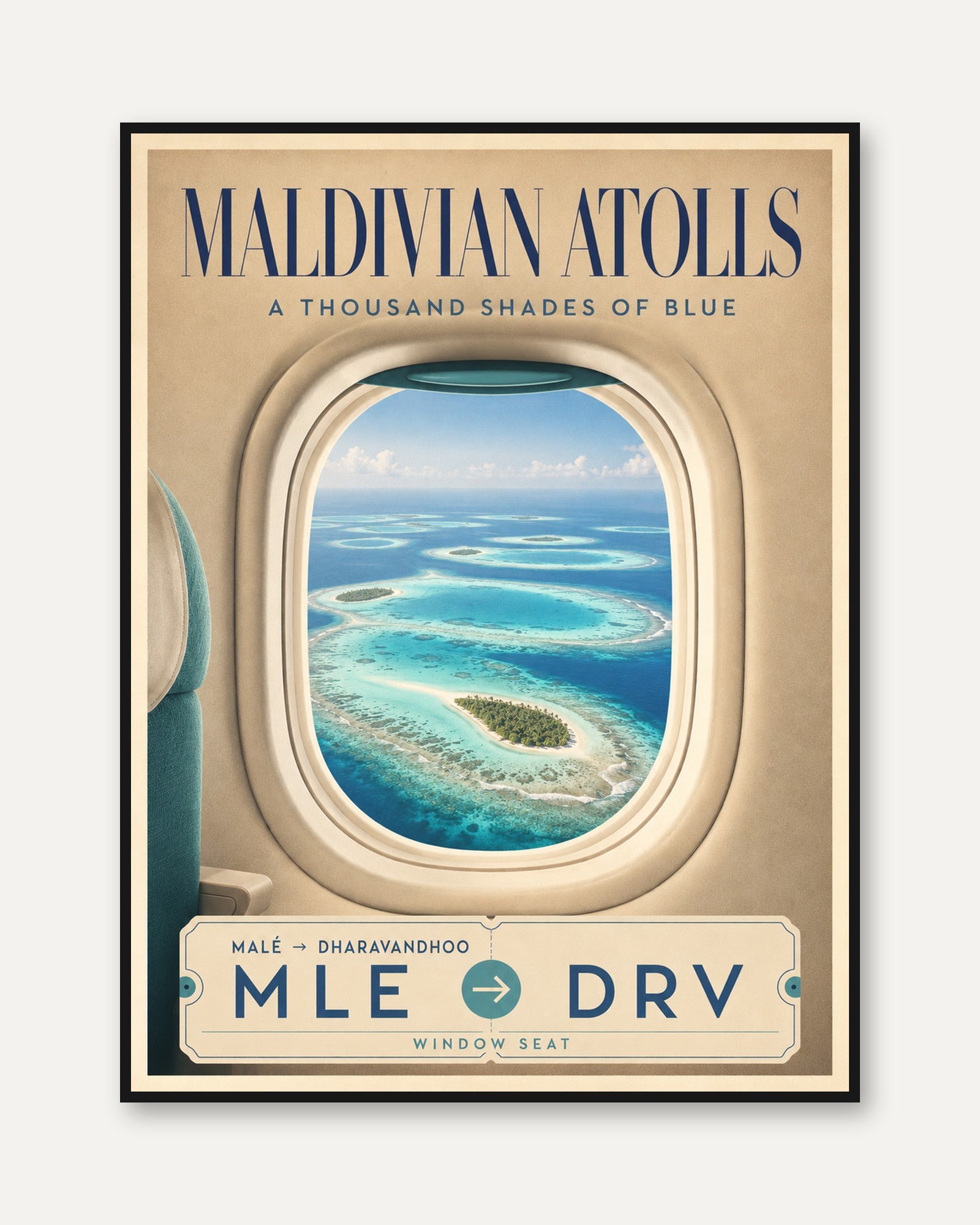 Maldives Travel Poster – Airplane Window Wall Art - framed