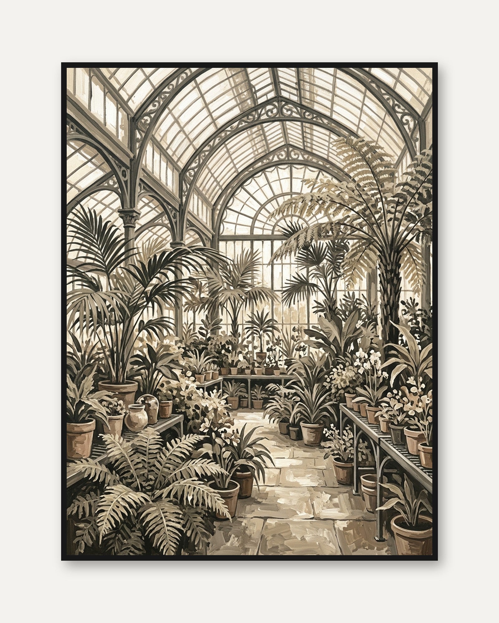 Victorian Conservatory Print: Sepia Botanical Greenhouse Art - framed