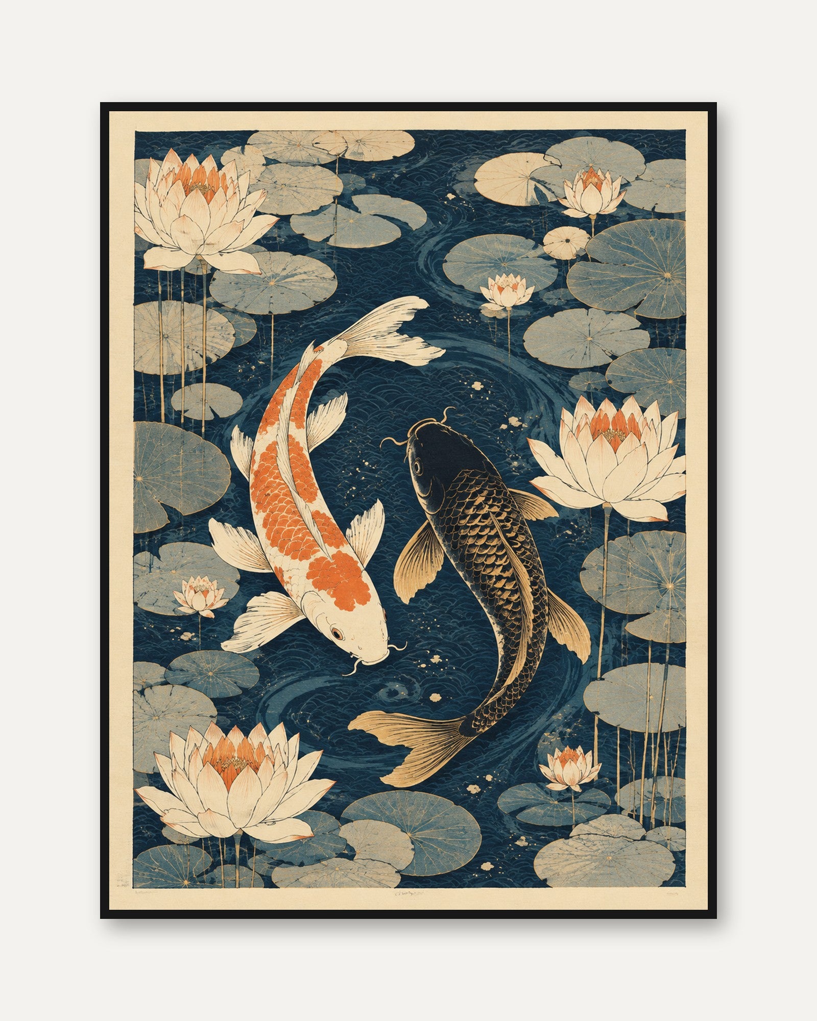 Koi Fish Wall Art – Lotus Pond Print - framed