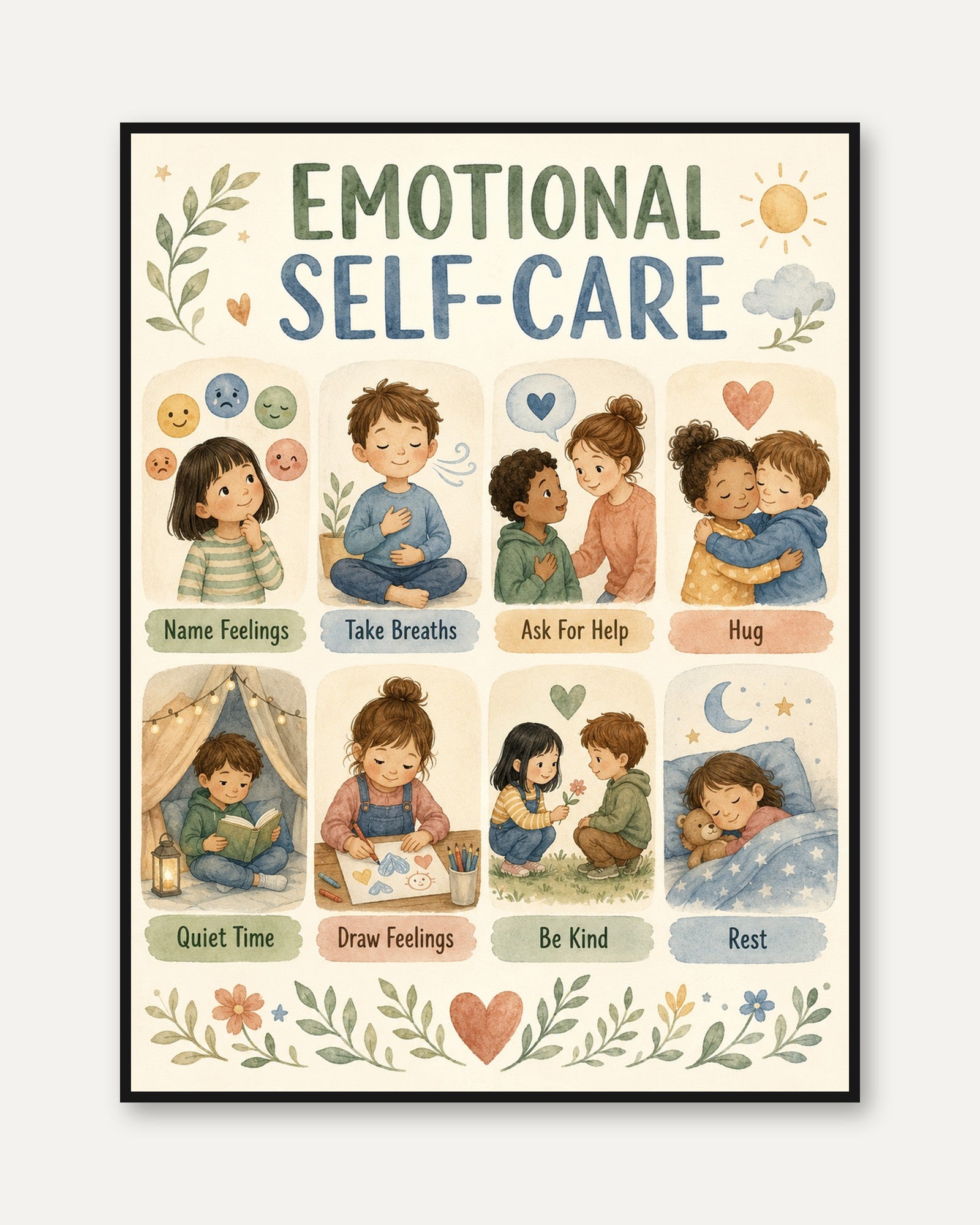 Kids Emotional Self-Care Chart: Educational Wall Art - framed