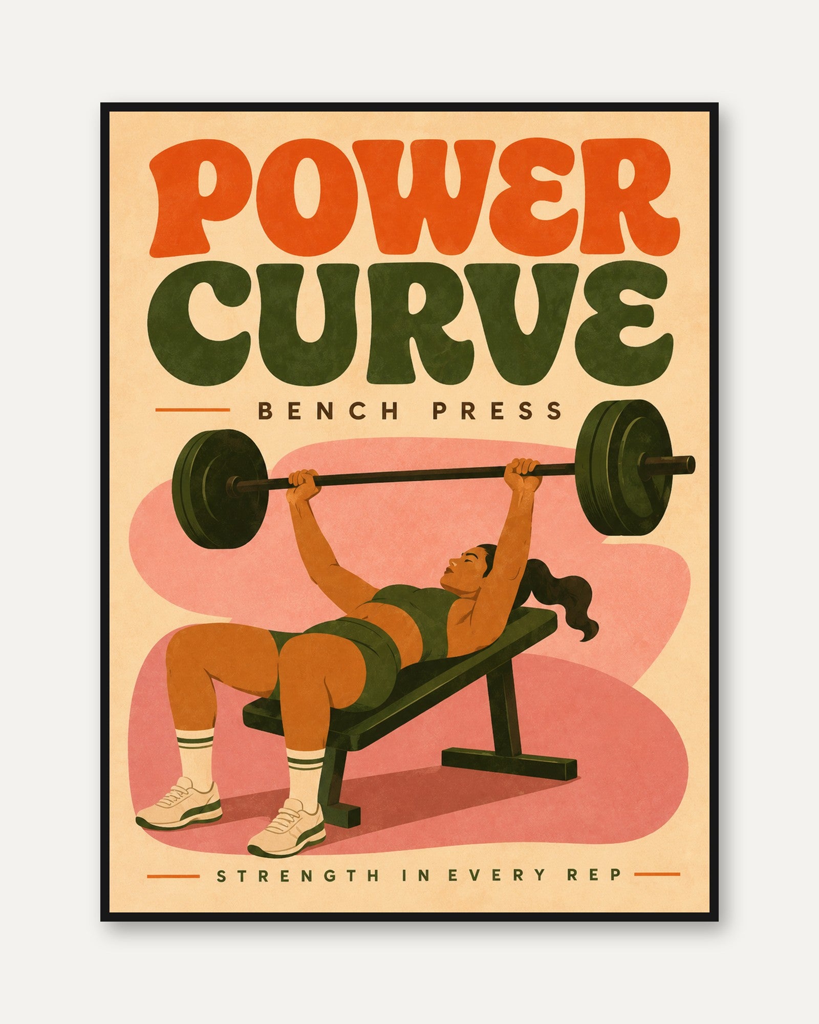 Power Curve Bench Press Poster: Retro Fitness Wall Art - framed
