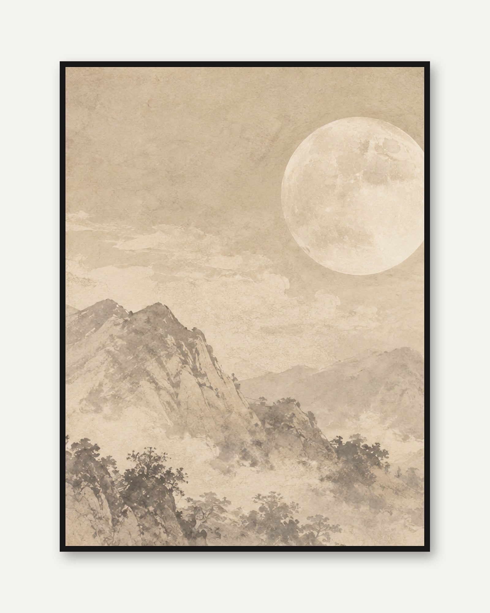 Misty Mountain Moon Art Print: Traditional East Asian Landscape - framed