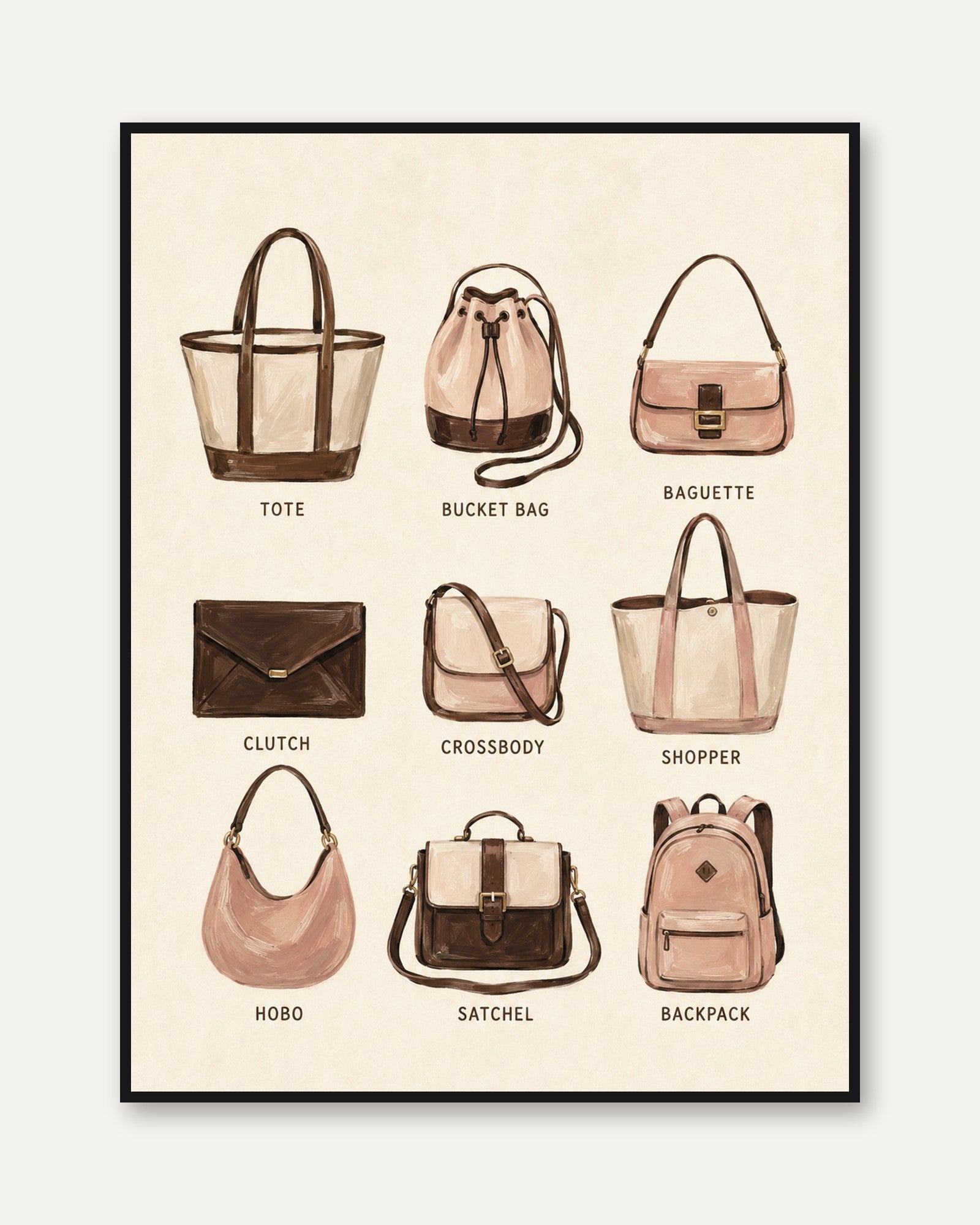 Handbag Collection Guide Art Print: Watercolor Fashion Illustration - framed