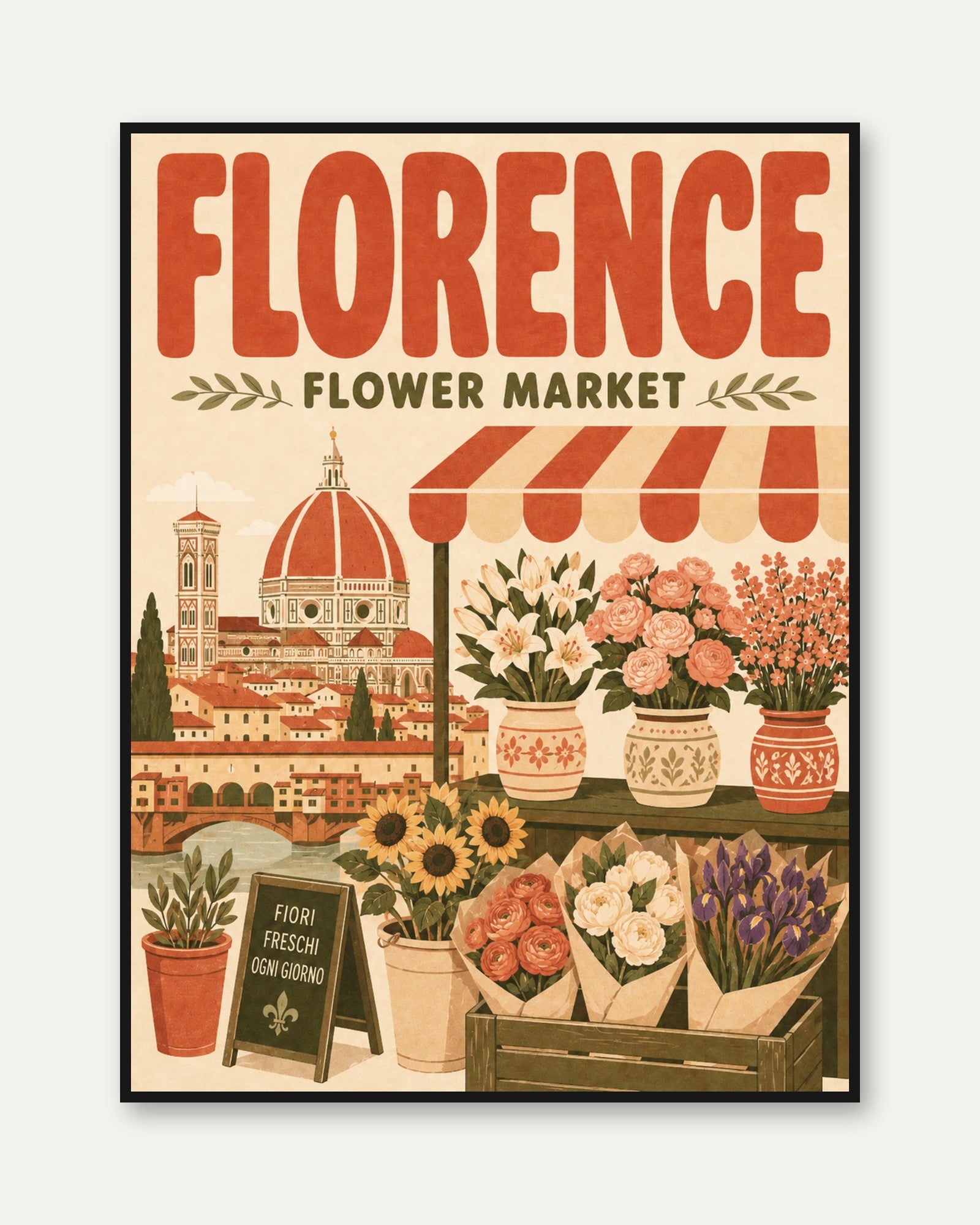 Florence Travel Poster – Vintage Flower Market - framed