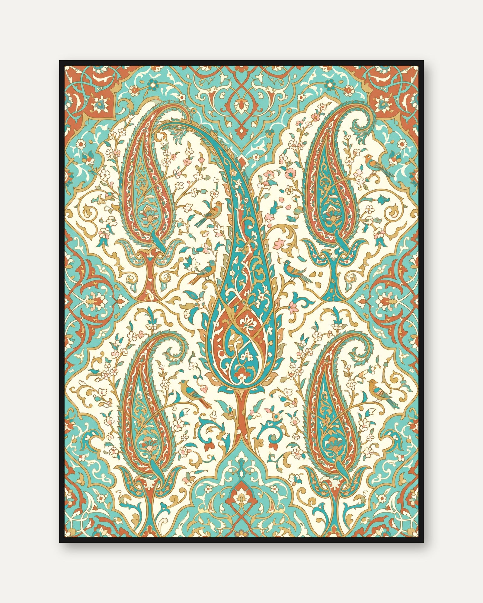 Persian Paisley Art Print: Turquoise & Coral Boho Botanical - framed