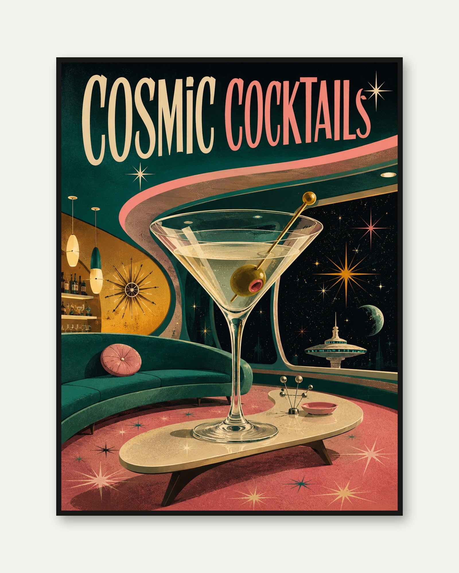 Retro Cocktail Poster – Mid Century Bar Wall Art - framed