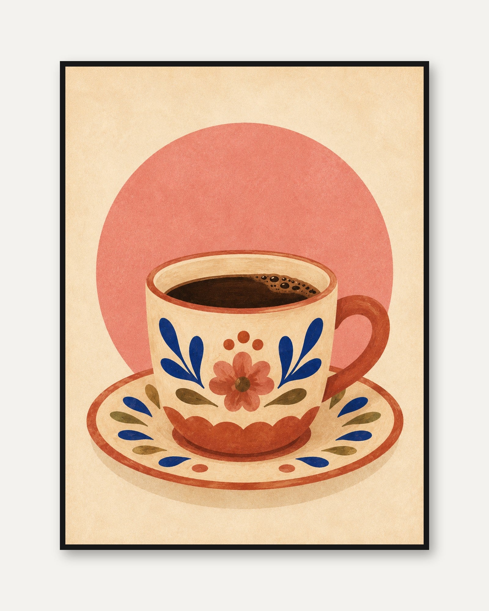 Coffee Cup Wall Art – Folk Art Kitchen Print - framed