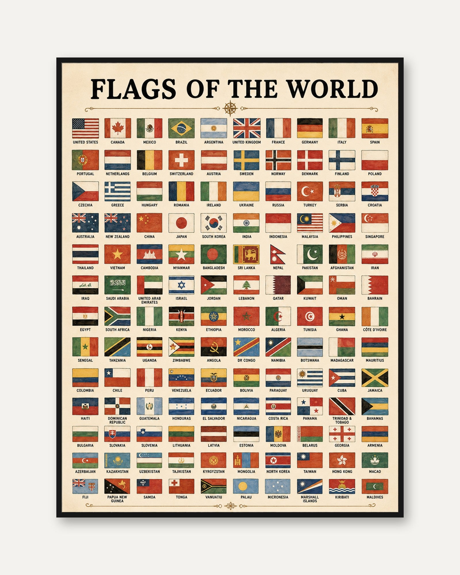 Flags of the World Educational Poster: Vintage Reference Art - framed