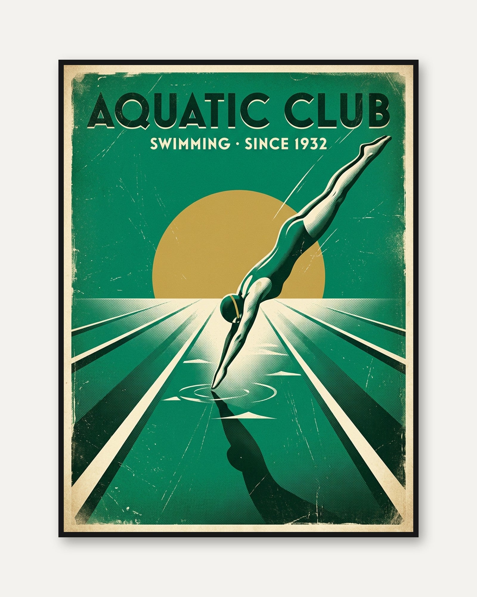 Art Deco Swimming Poster – Vintage Aquatic Club Diver Print - framed