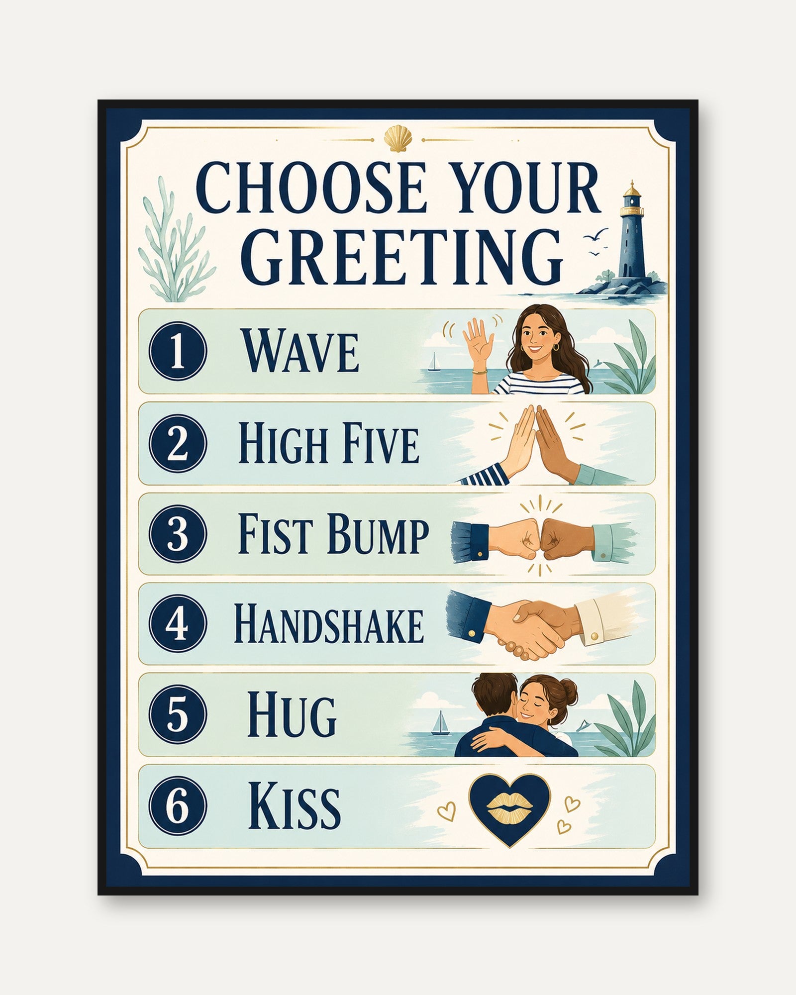 Greeting Sign Print: Nautical Coastal Art - framed