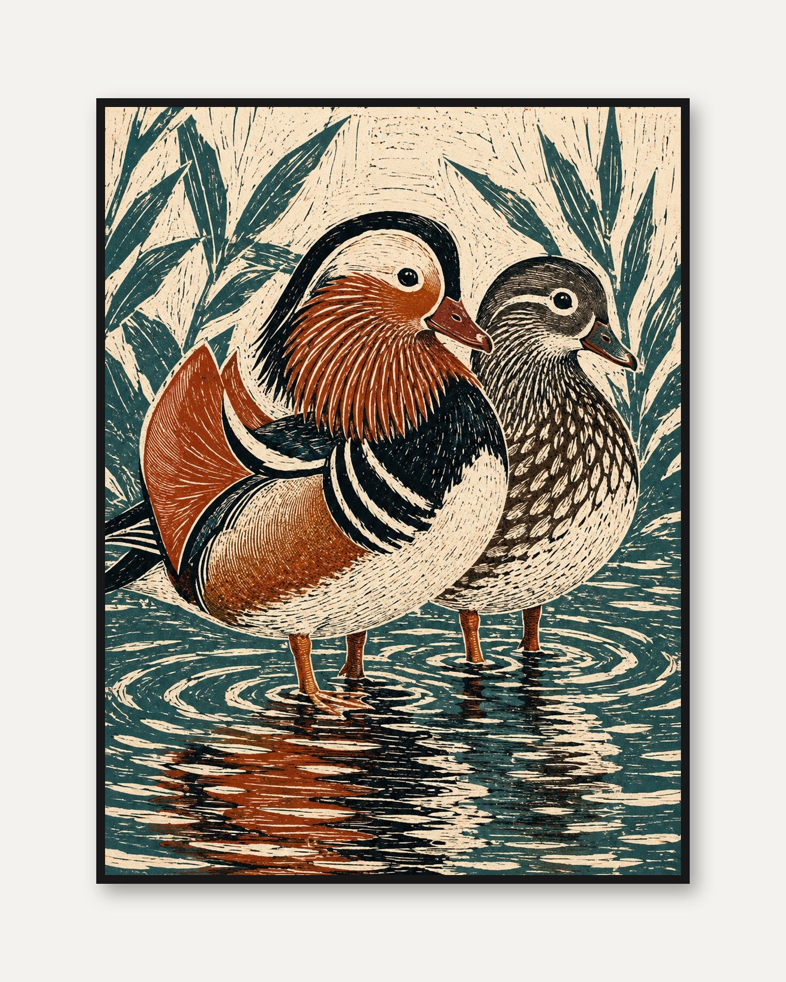 Mandarin Duck Pair Print: Woodblock Style Bird Art - framed