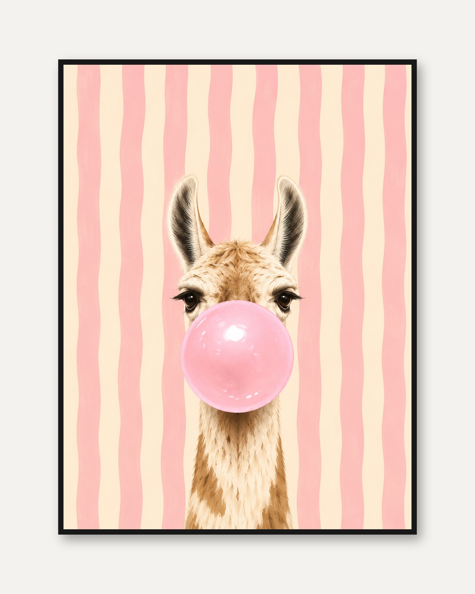 Llama Blowing Bubblegum Art Print: Whimsical Pink Stripes - framed