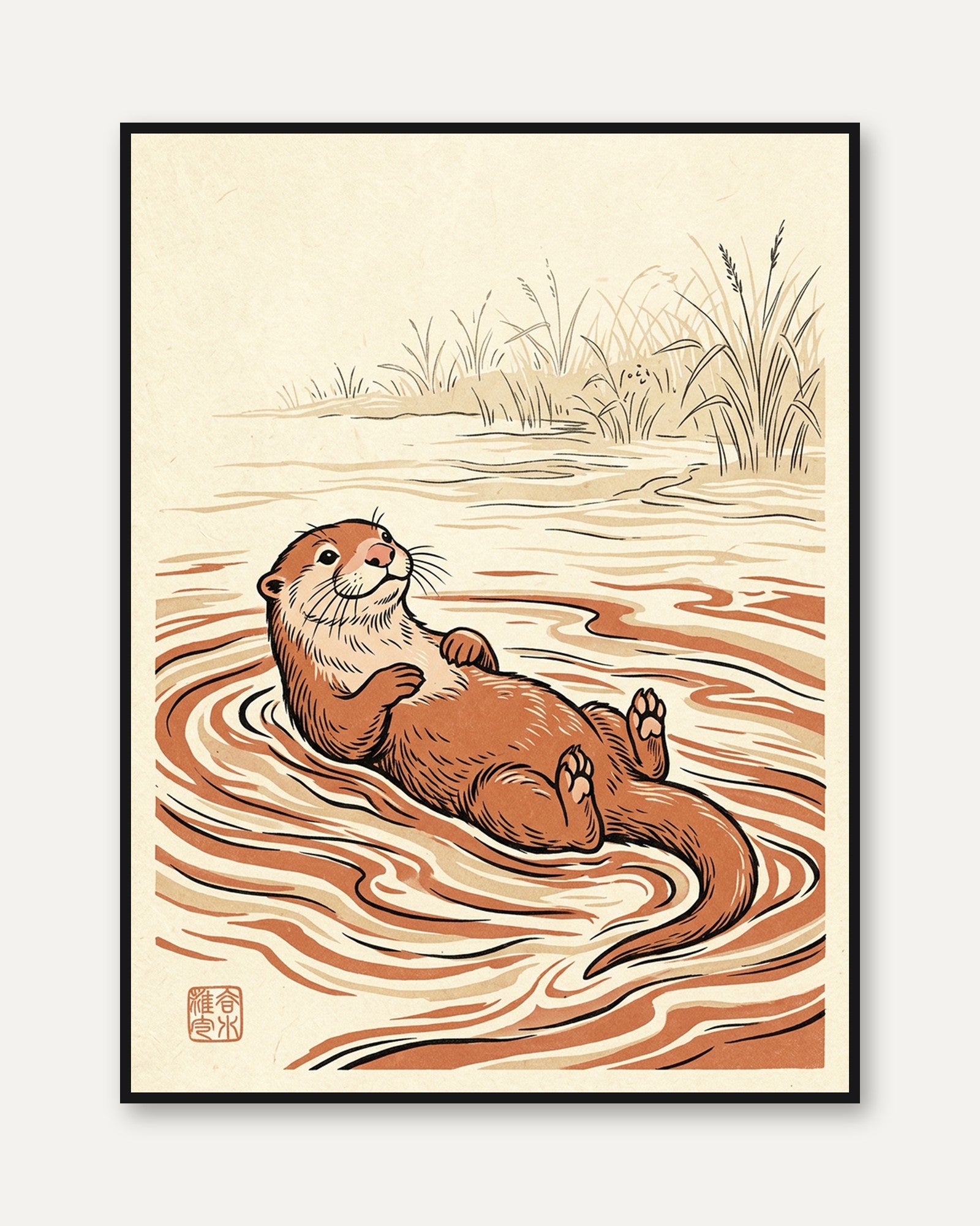 Floating Otter Art Print: Japanese Woodblock Style Wildlife Design - framed