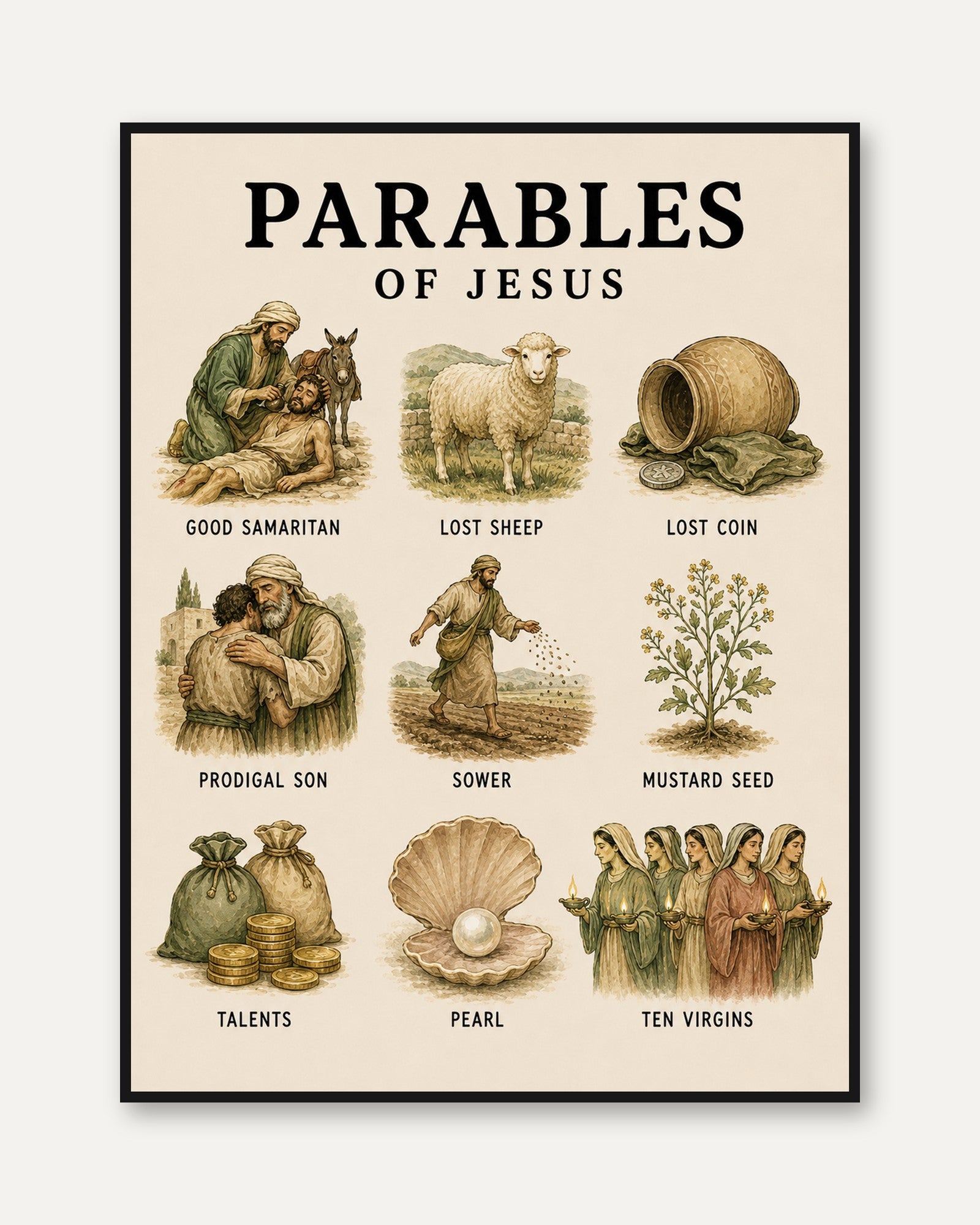 Biblical Parables Print: Vintage Educational Chart - framed