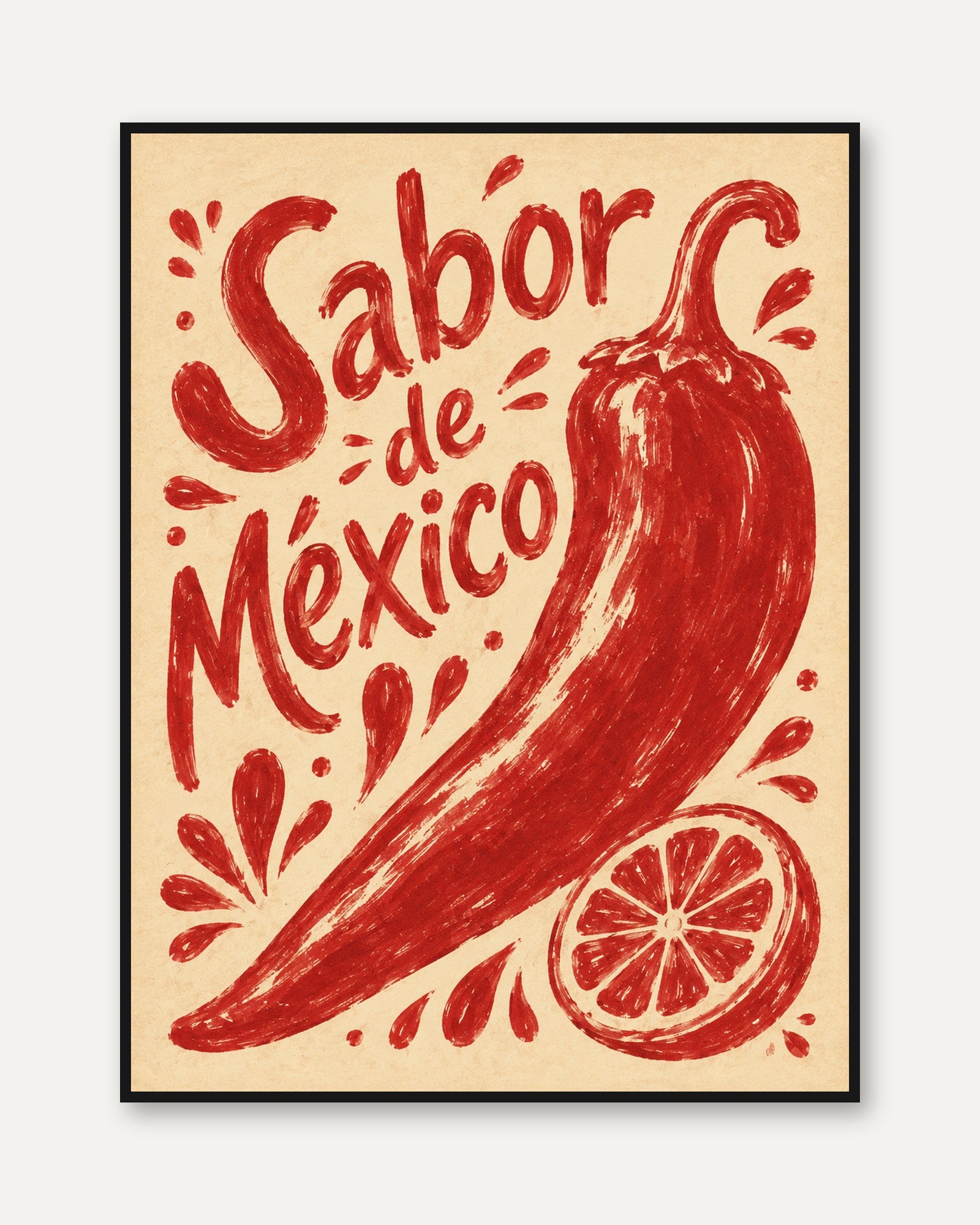 Sabor de Mexico Poster: Red Chili Pepper Folk Art Print - framed