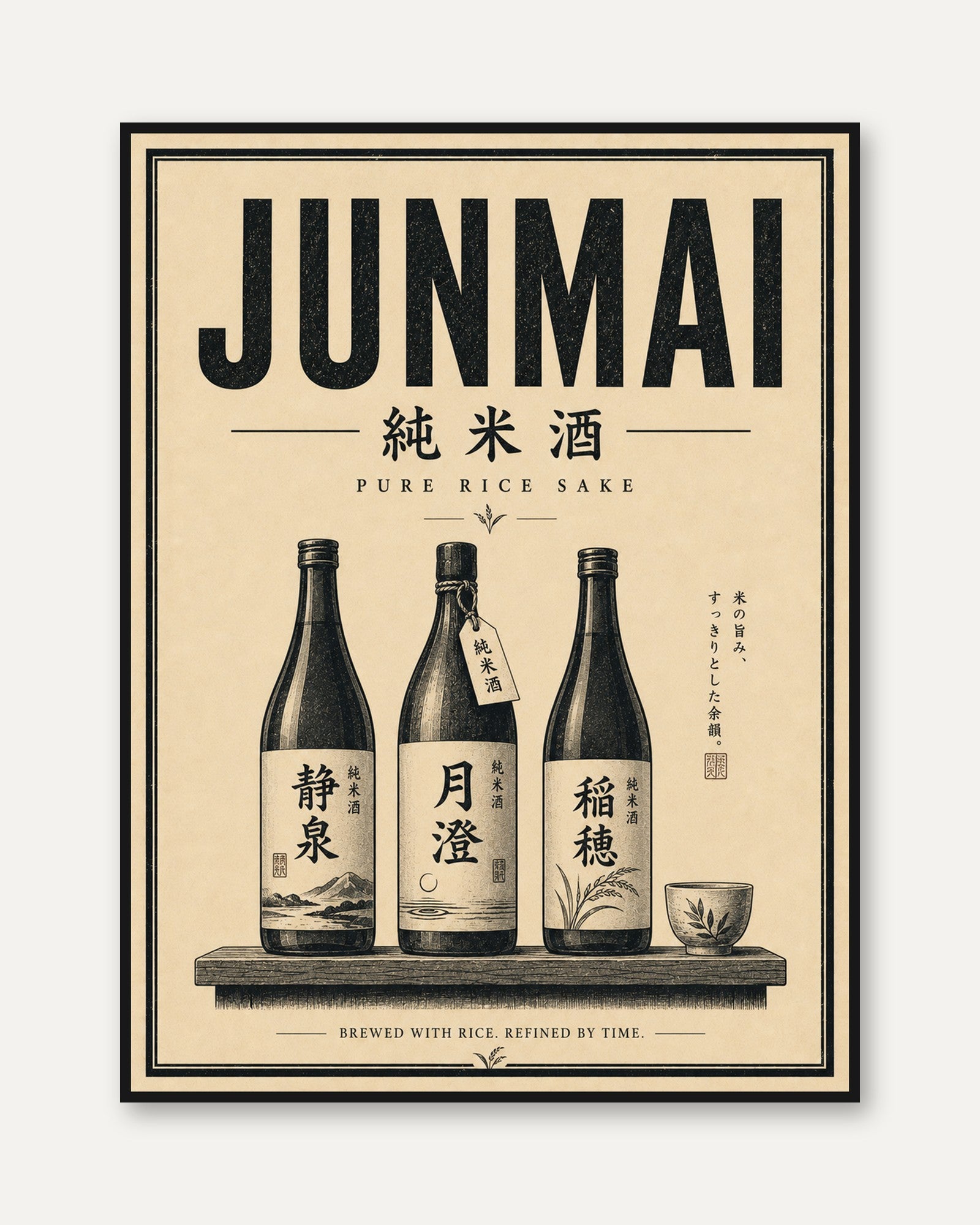 Vintage Junmai Sake Print: Japanese Kitchen Wall Art - framed