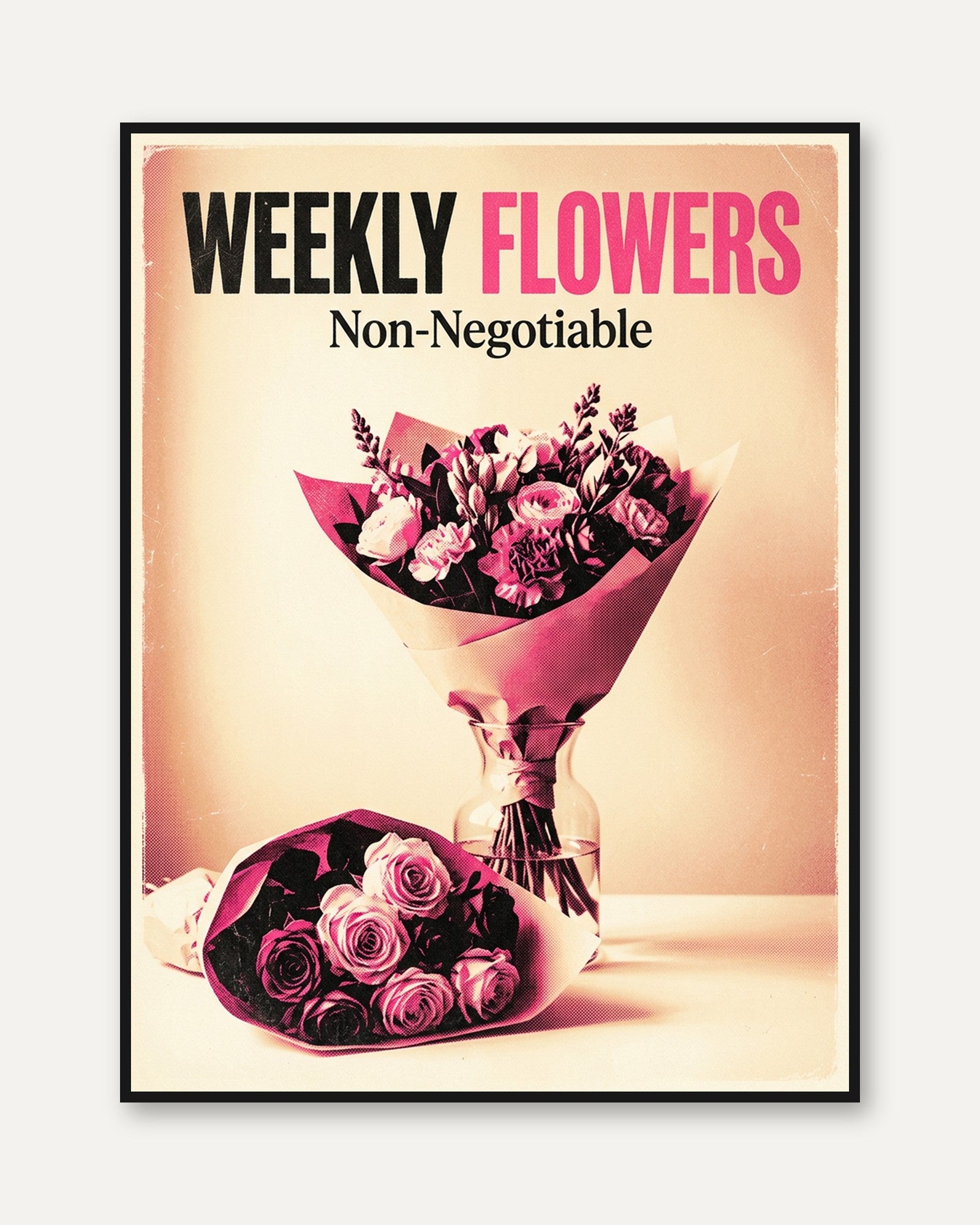 Weekly Flowers Vintage Poster: Retro Pink Floral Advertisement - framed