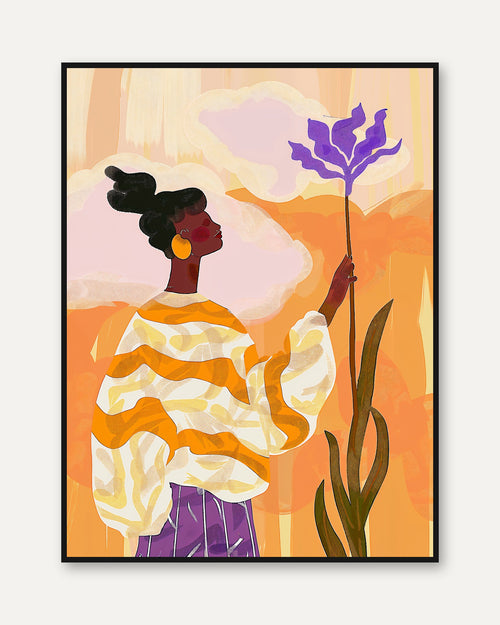 African Woman Art Print: Colorful Portrait with Purple Flower - framed