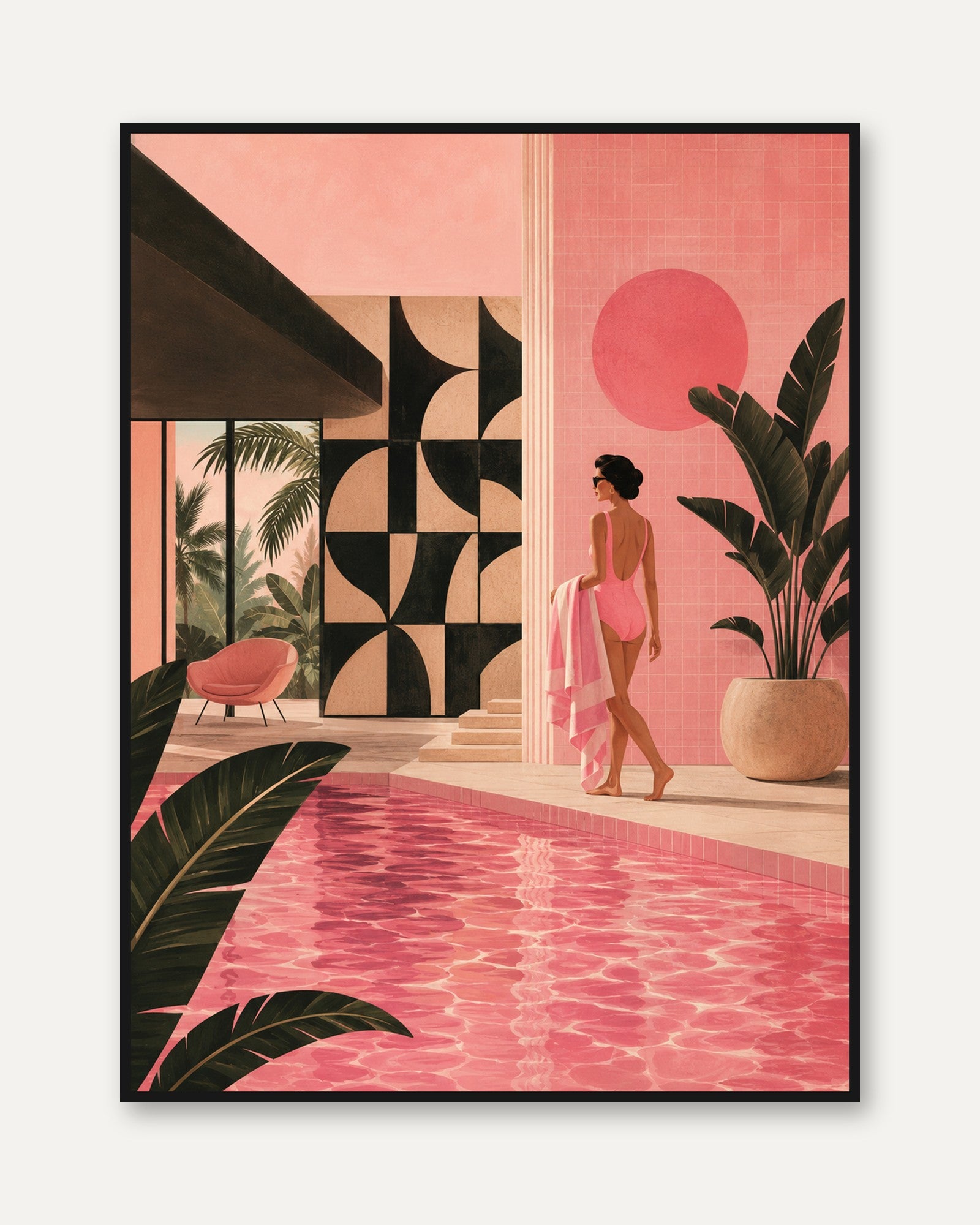 Palm Springs Pool House Art Print: Mid-Century Modern Pink Interior - framed