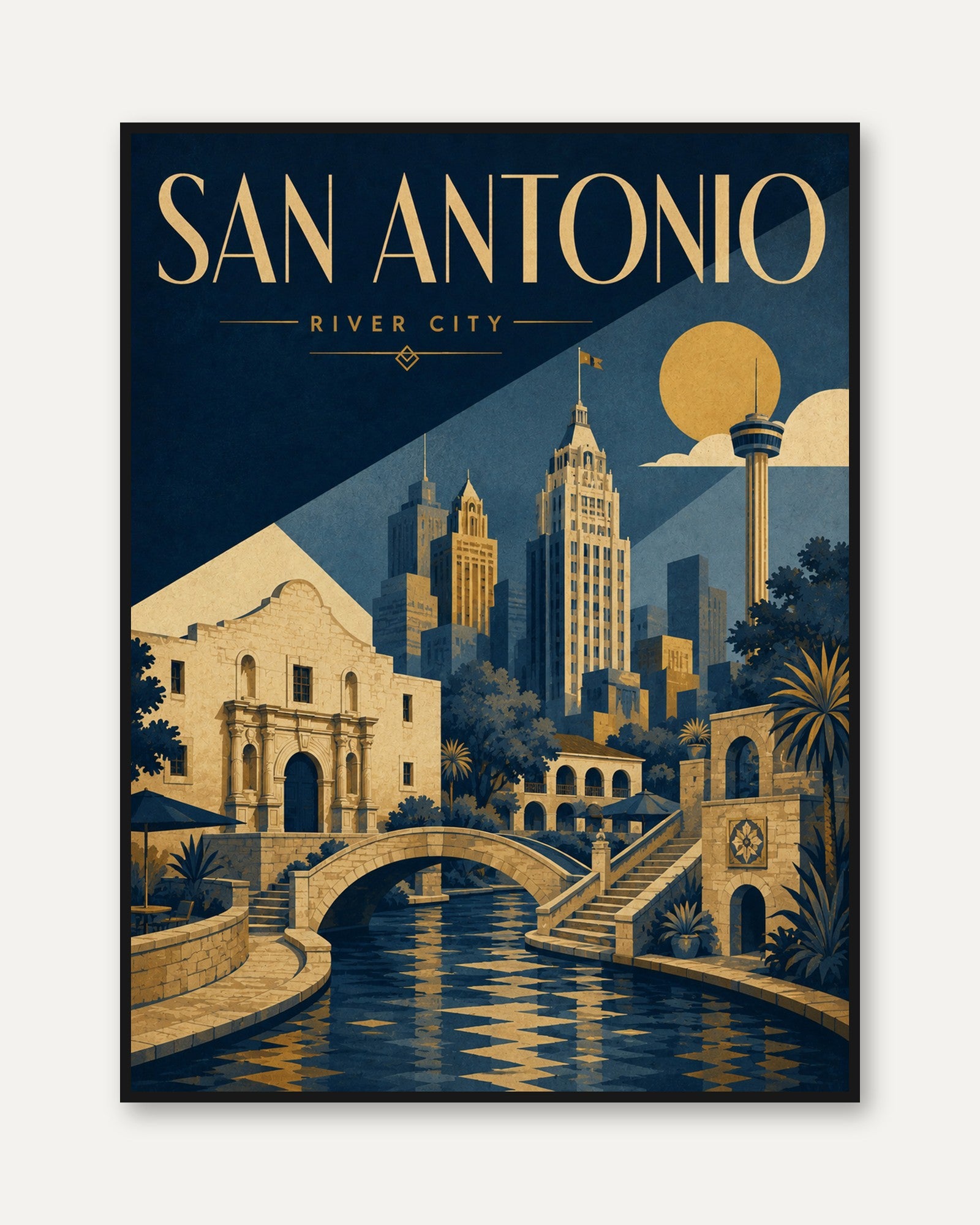 San Antonio Travel Poster: Art Deco River City Skyline Print - framed