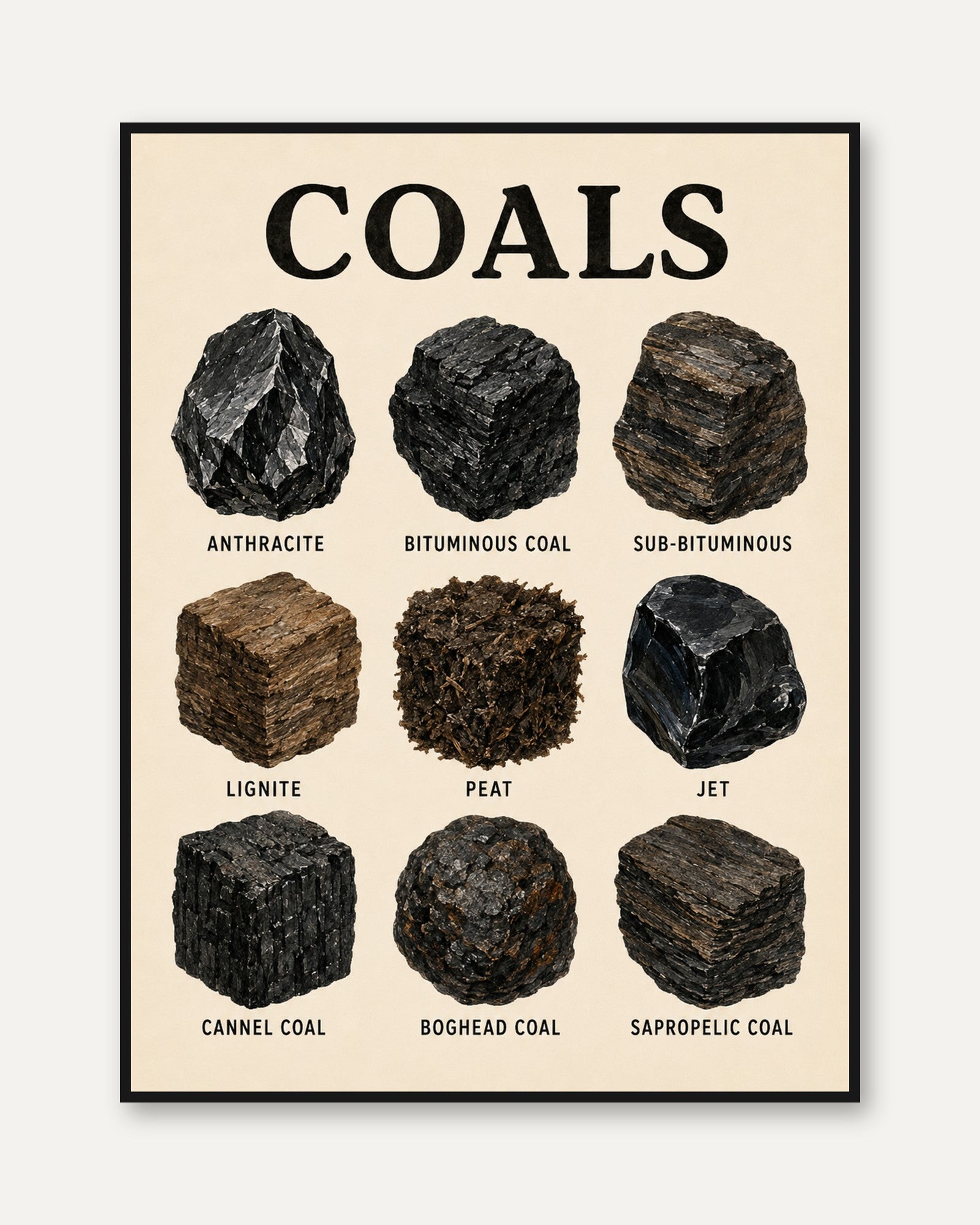 Coal Types Educational Poster: Vintage Scientific Chart Art - framed