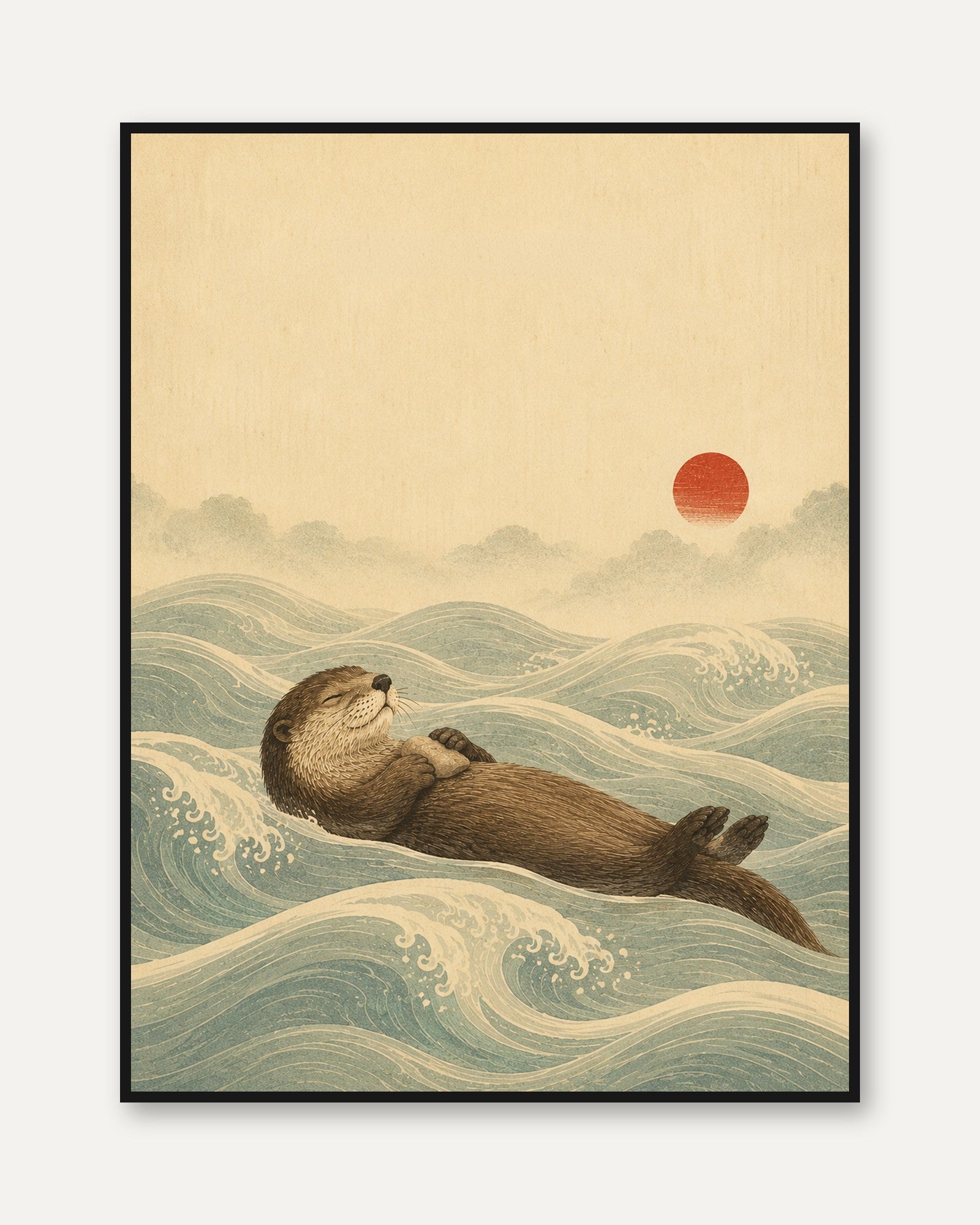 Sea Otter Japanese Wave Art Print - framed