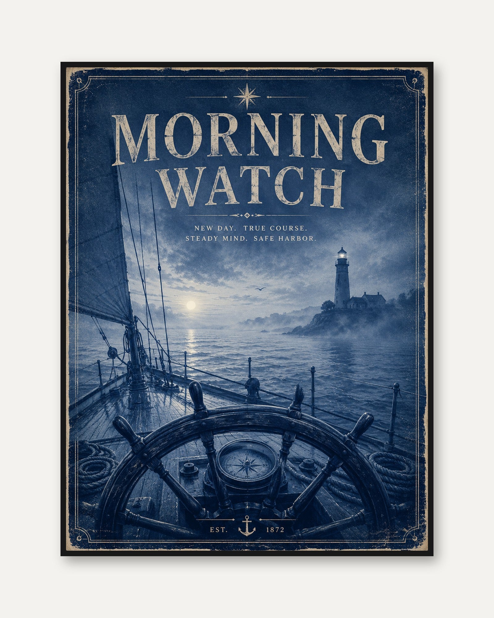 Morning Watch Nautical Poster: Vintage Blue Ship Lighthouse Art - framed