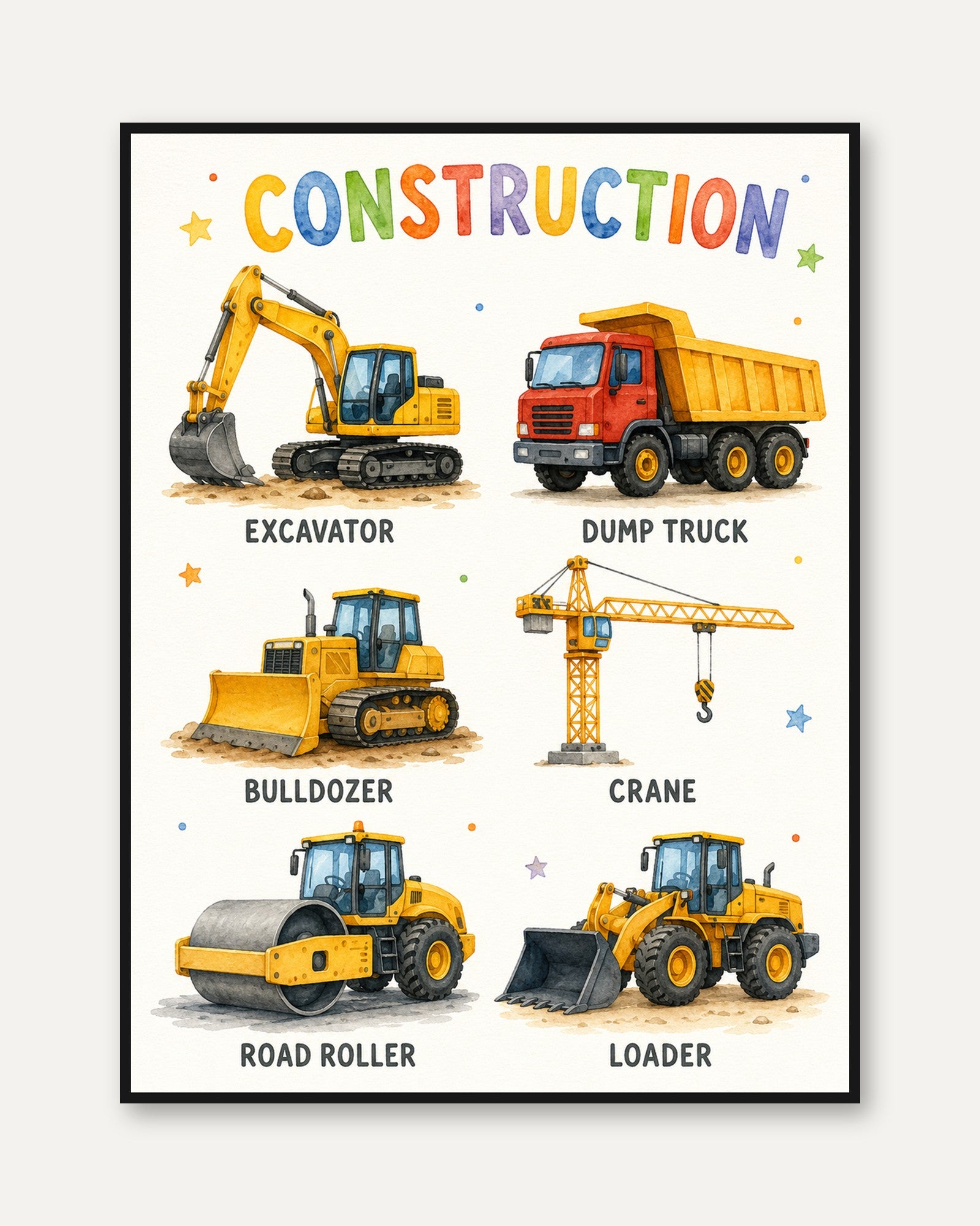 Construction Vehicles Poster: Educational Kids Room Art - framed