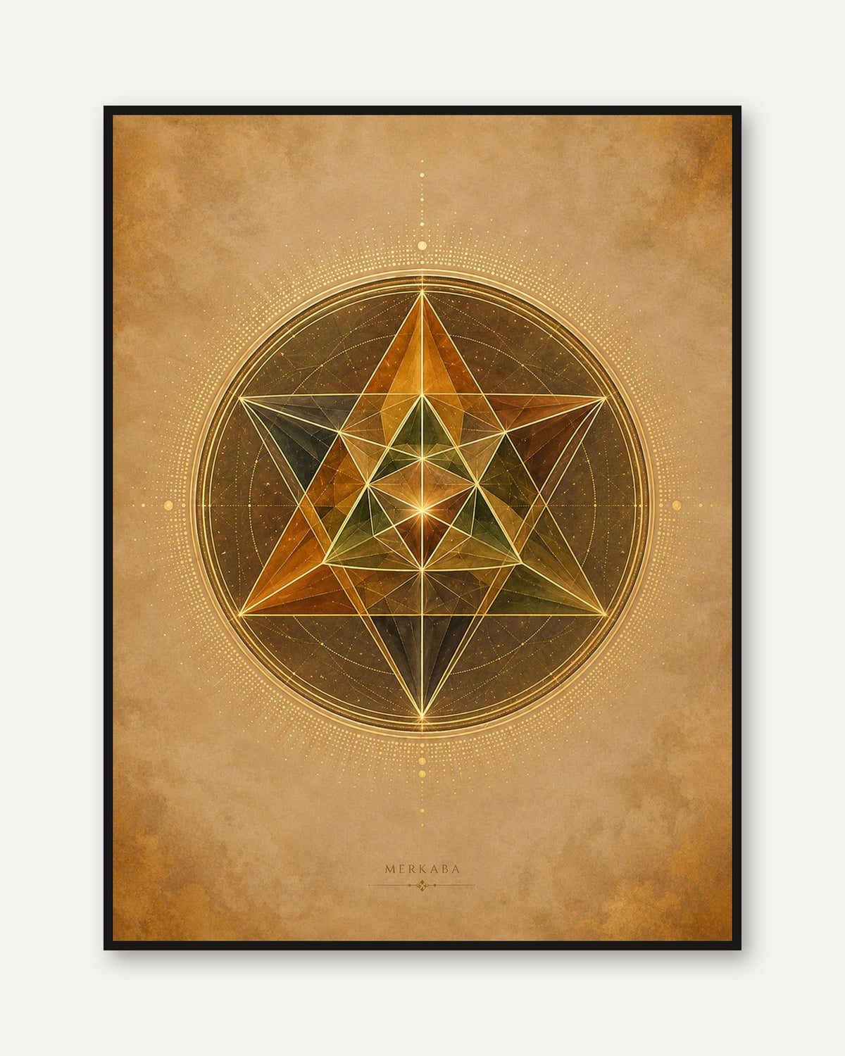 Merkaba Sacred Geometry Wall Art: Golden Star Mandala Design - framed