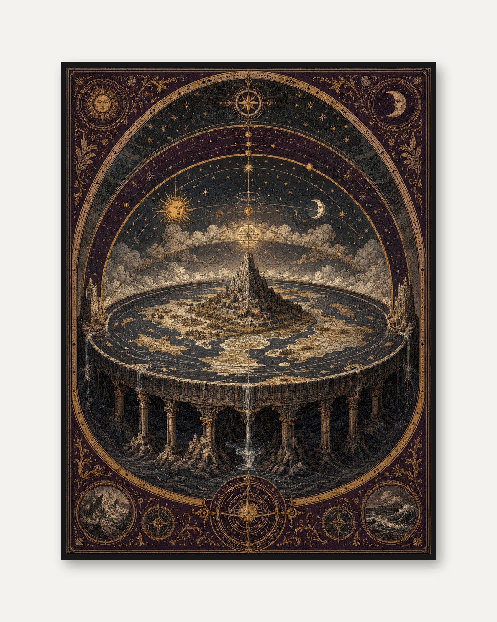 Flat Earth Cosmology Print – Medieval Celestial Map - framed