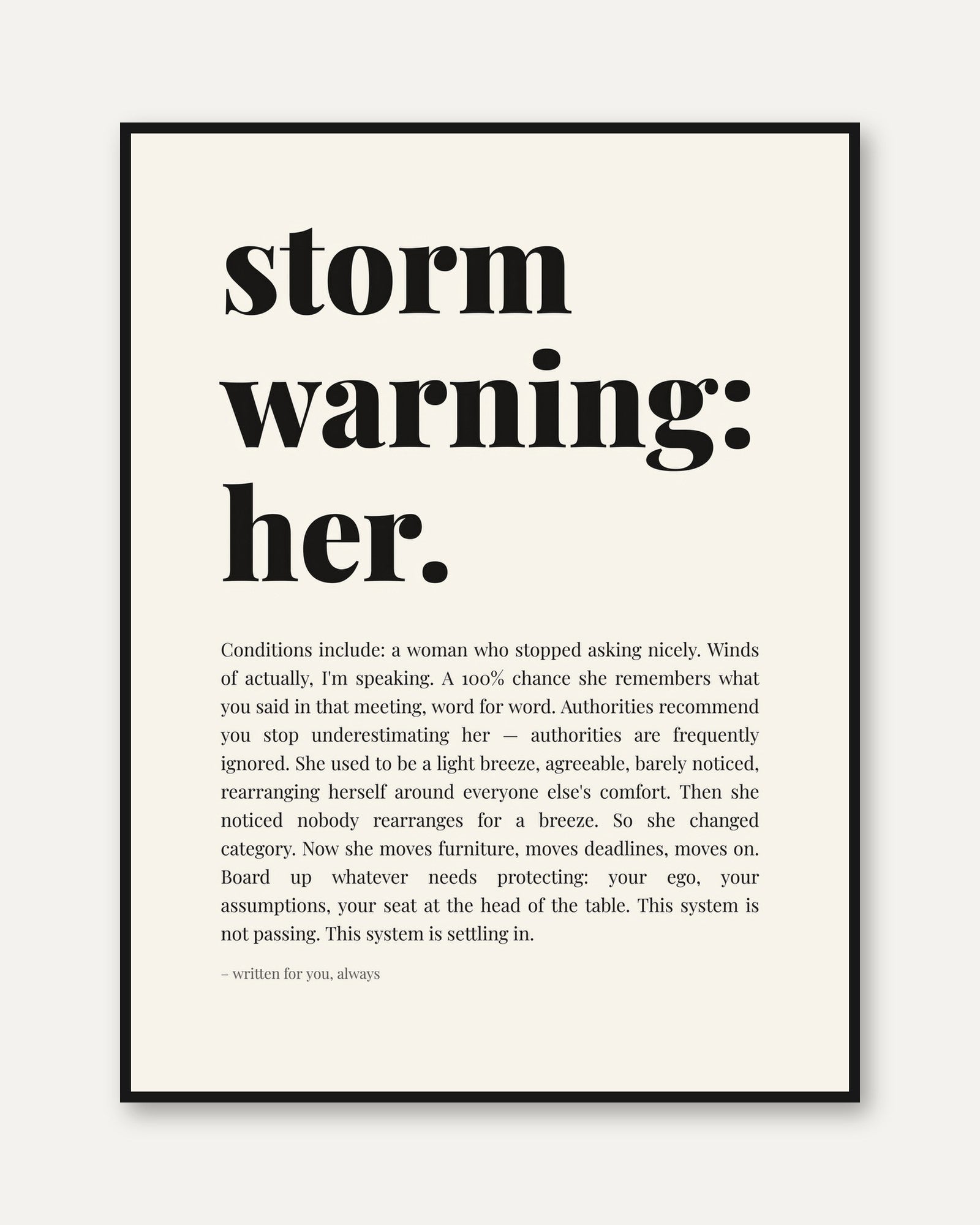 Feminist Quote Print – Storm Warning Her Wall Art - framed