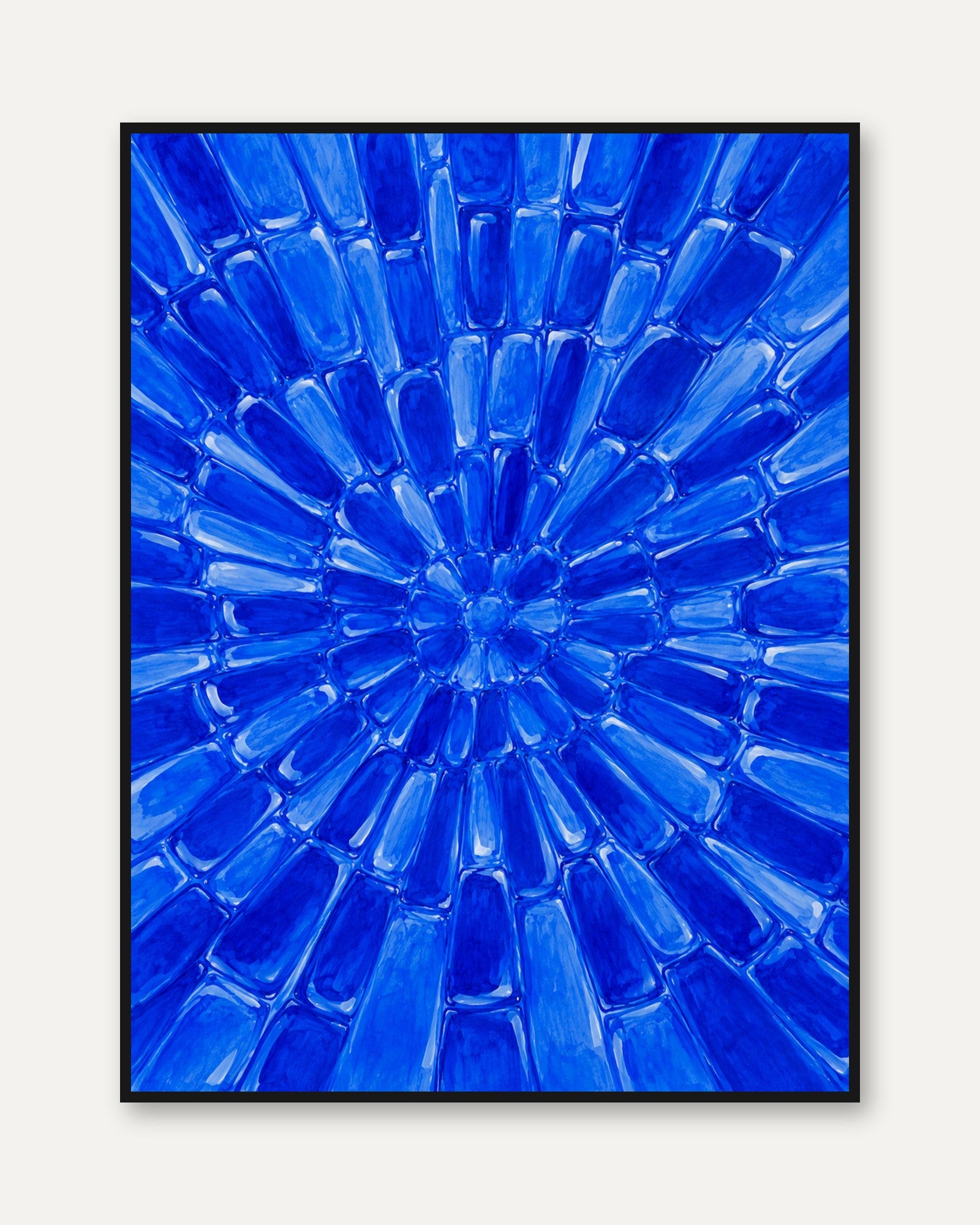 Blue Glass Radial Pattern Art Print: Abstract Geometric Design - framed