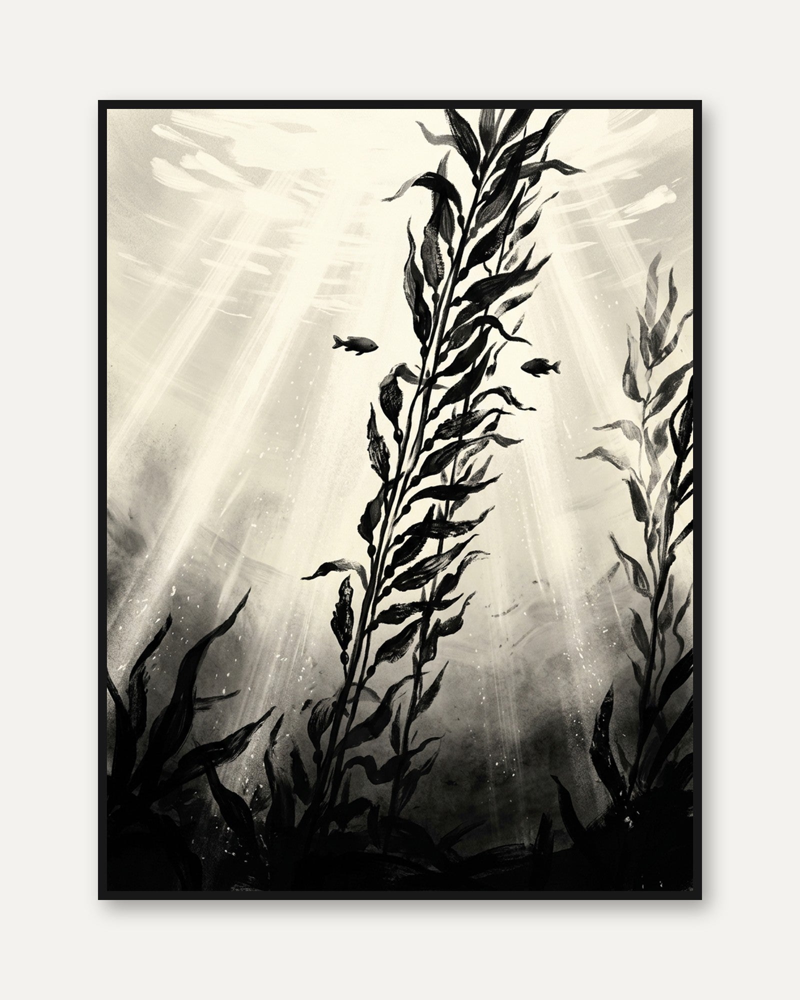 Underwater Kelp Forest Art Print: Black and White Ocean Scene - framed