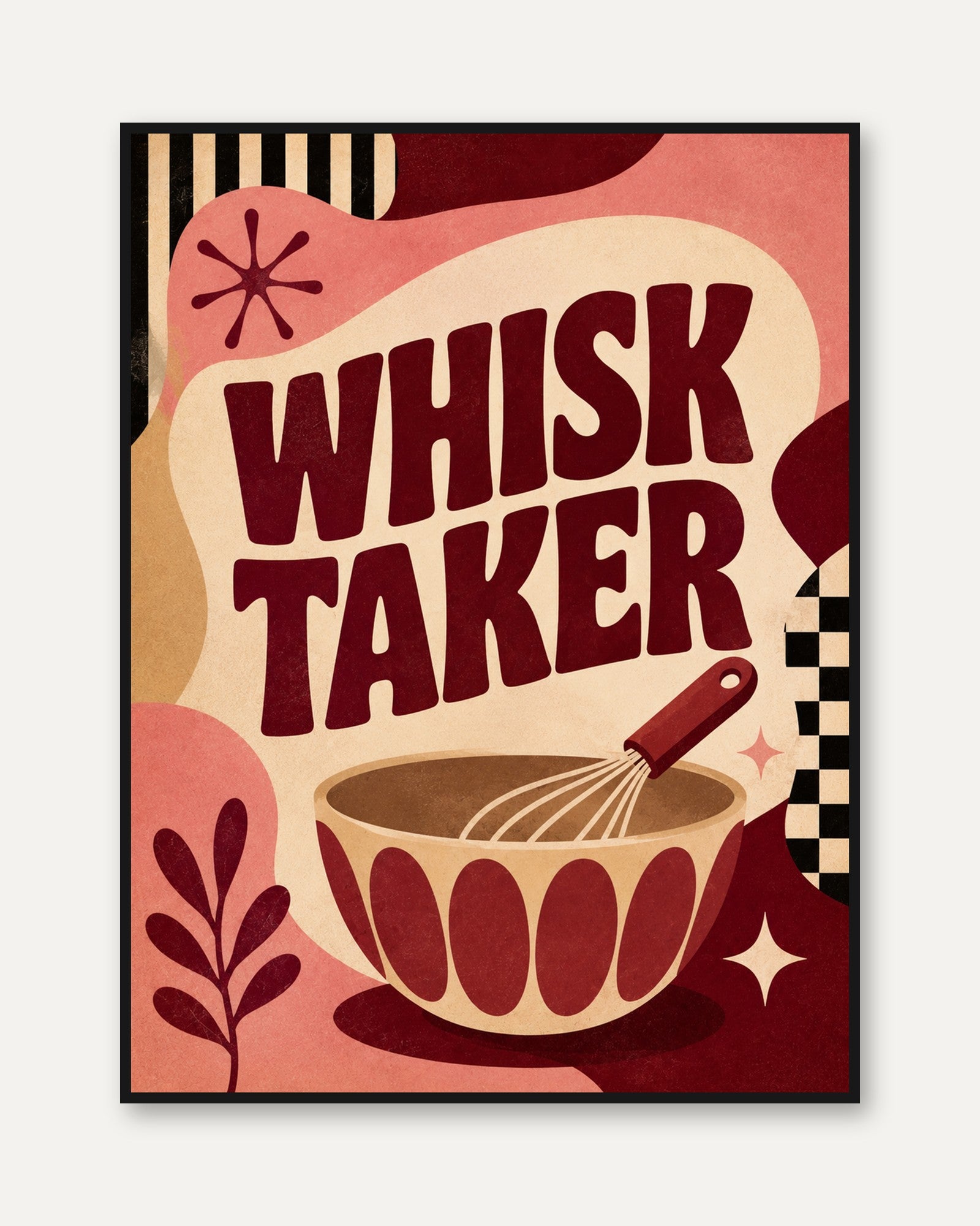 Whisk Taker Retro Kitchen Print: Mid-Century Modern Coral Design - framed